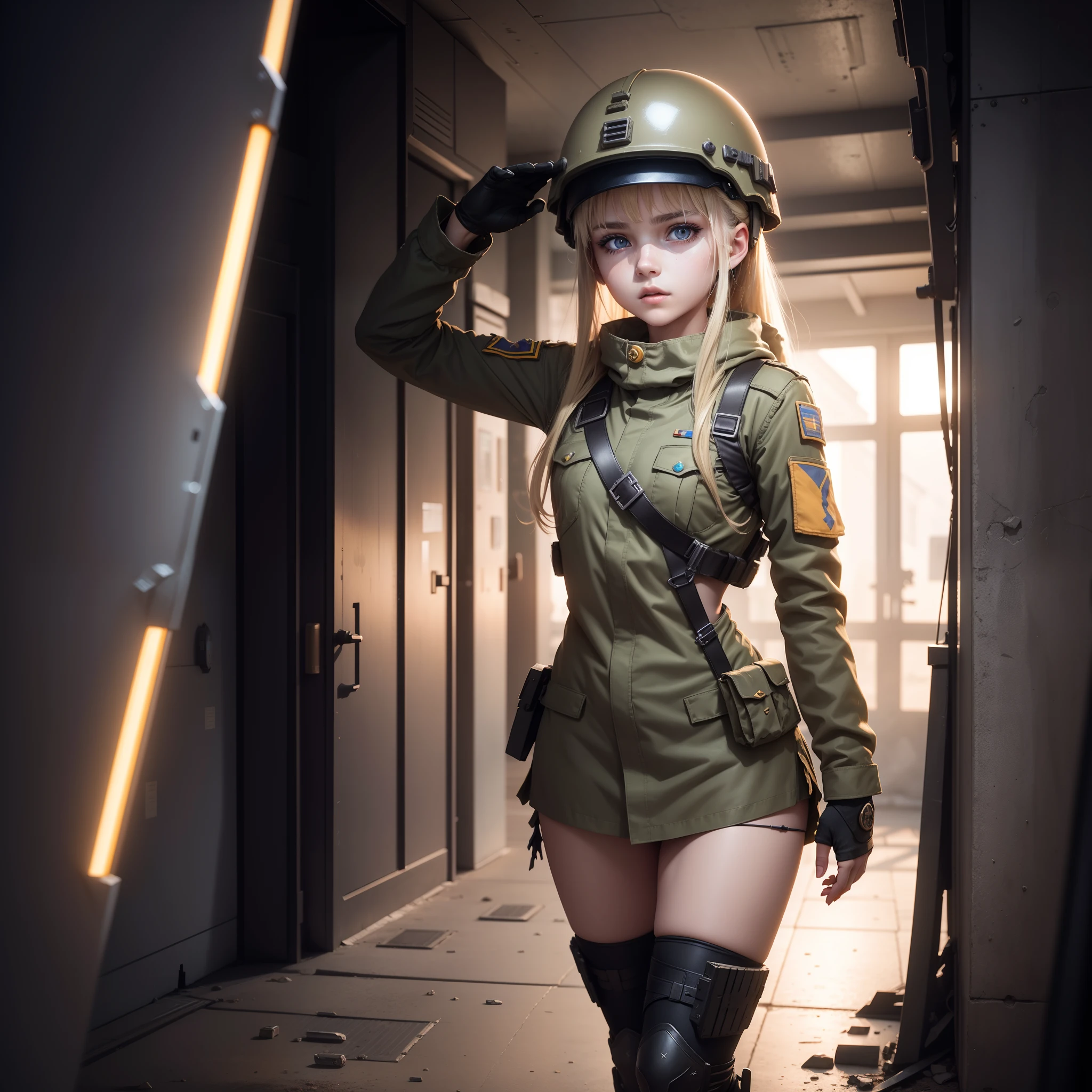 Ukrainian girl saluting a soldier , Ukrainian anime girls , , Ukraine ,  Full body composition of young girl with messy bright blonde hair, eye make up, 13 year old,  Soft lighting, Solo, Old torn dirty shabby futuristic military uniform, badges, Pose, Blotch color, Octane Render, Hyperrealistic intricate detail, Cinematic, 8K resolution, 70mm, Accent Lighting, Global Illumination, Full body portrait, clean detailed faces, intricate clothing, Cute face, flat chest, Slim waist, Slim legs, small hips,Clothing of an ordinary soldier,Wearing a helmet,