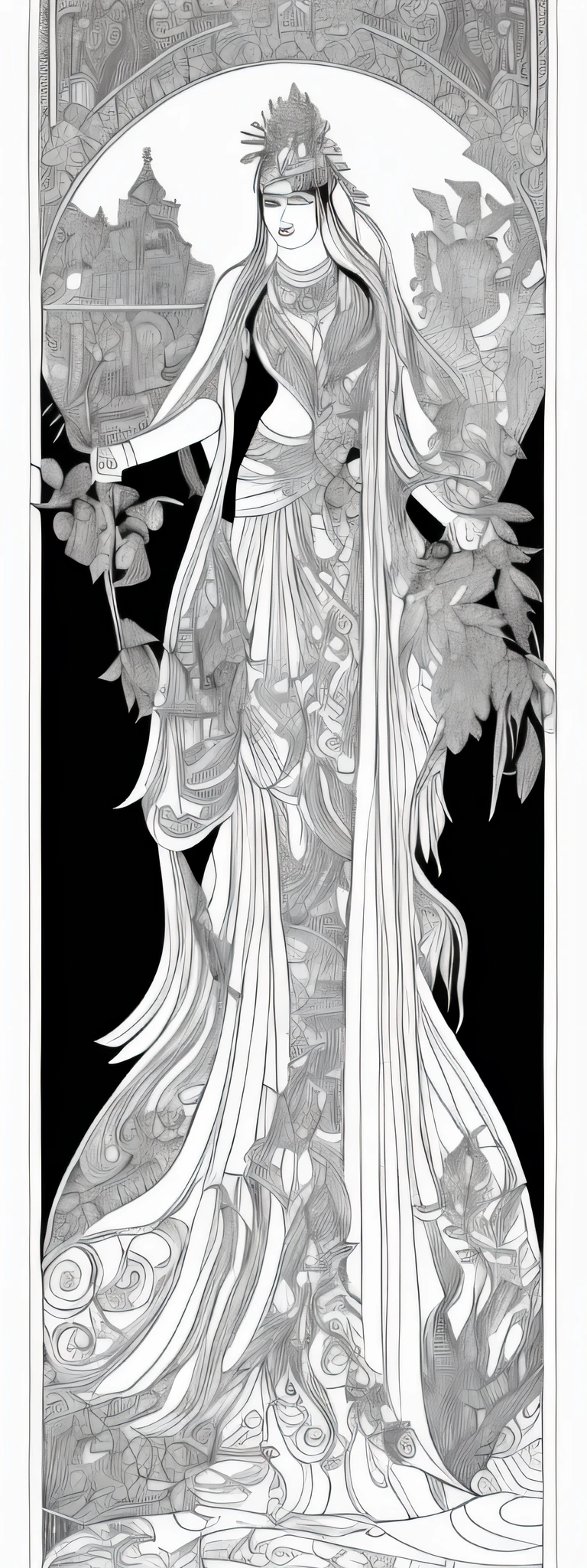 ink and watercolor painting,Black ink,(One beautiful Maitreya stands),Full body like,jugendstil,In black and white,Liana plants in the background