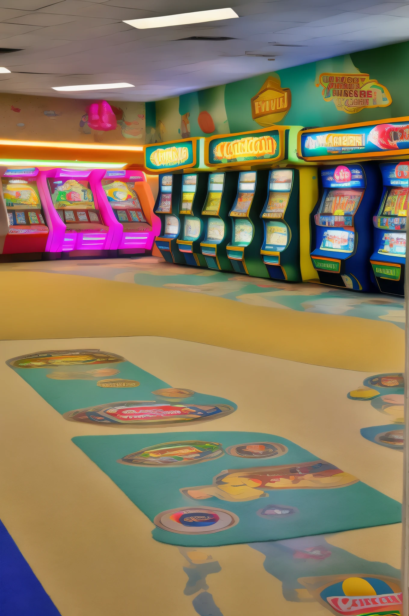Light colored walls and carpets in a bright room with vending machine, Kids Place, arcade game, Arcade cabinet on background, taken in the early 2020s, arcade, amusement park interior design, Chuck E Cheese, Chuck E. cheese, Carpet in the bowling alley, Theatre Access Corridor, Gaming Room, Discovery Zone, Arcade Machines, by Wayne England