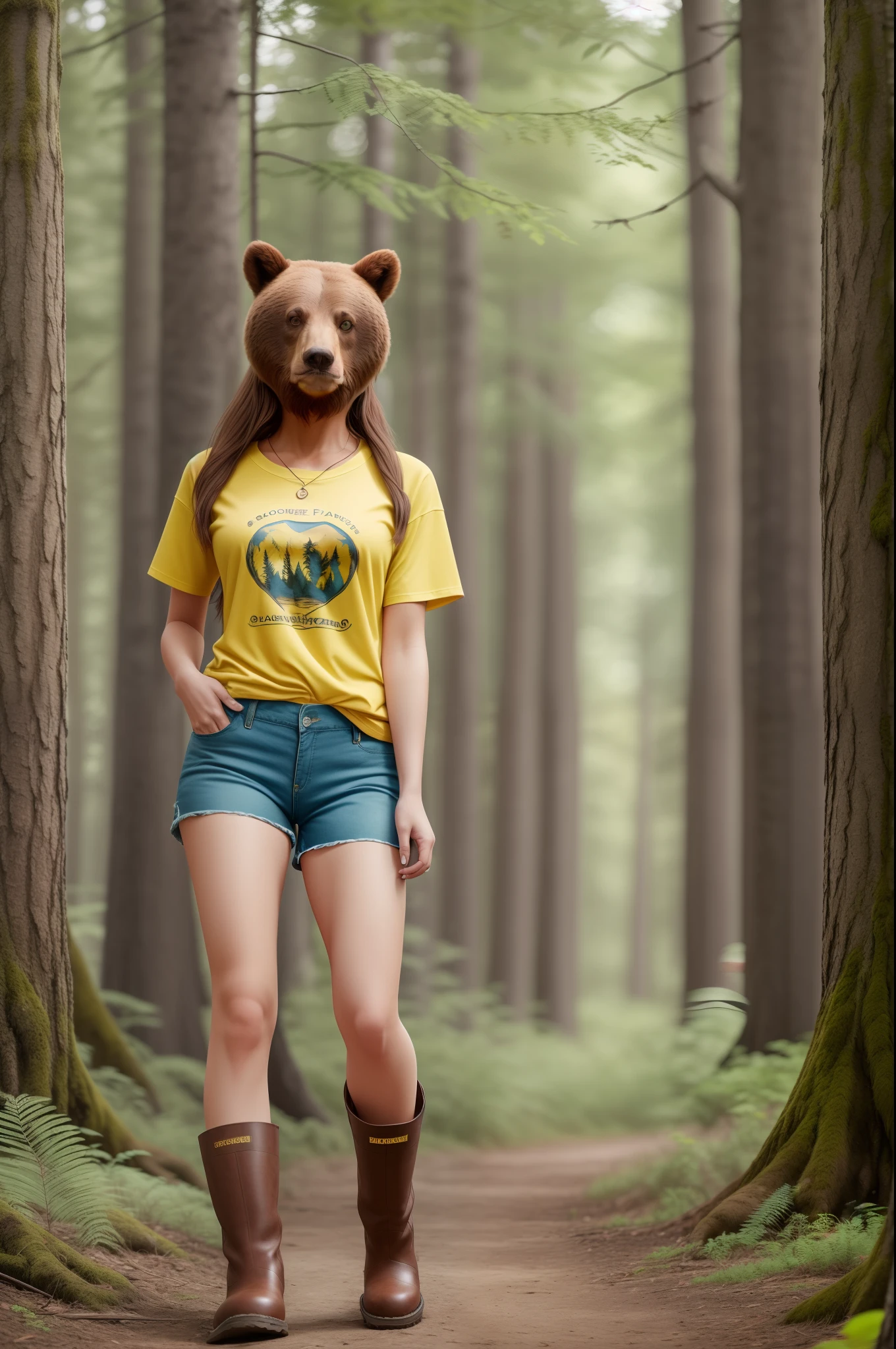 A woman standing in the forest, long brown hair, blue eyes, wearing a blue t-shirt and yellow shorts, on her feet are brown boots, the background is a dark forest, a bear is running behind her, high detail of the face, 8k --auto --s2