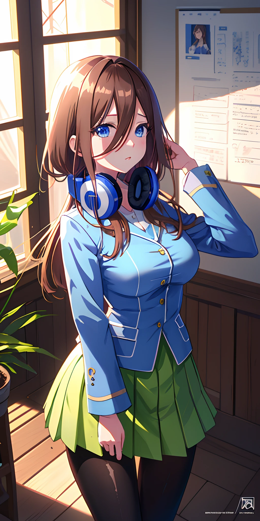 masutepiece, Best Quality, (Very detailed CG Unity 8K wallpaper) (Best Quality), (Best Illustration), (Best Shadows), Miku Nakano, Miku, Brown hair, Blue eyes, headphones, uniform, Indoors, Beautiful detailed eyes