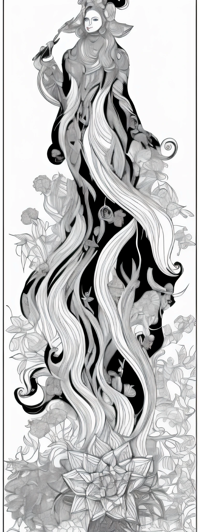 a drawing,A woman in a robe surrounded by lotus flowers and mushrooms, bold lineart, clean lineart, detailed linework, stylized linework, highly detailed linework, beautiful line art, art nouveau ink illustration, exquisite line art, intense line art, clean linework, extremely fine ink lineart, Inspired by Alphonse Mucha, Oil painting texture,Inspired by concise James Jean