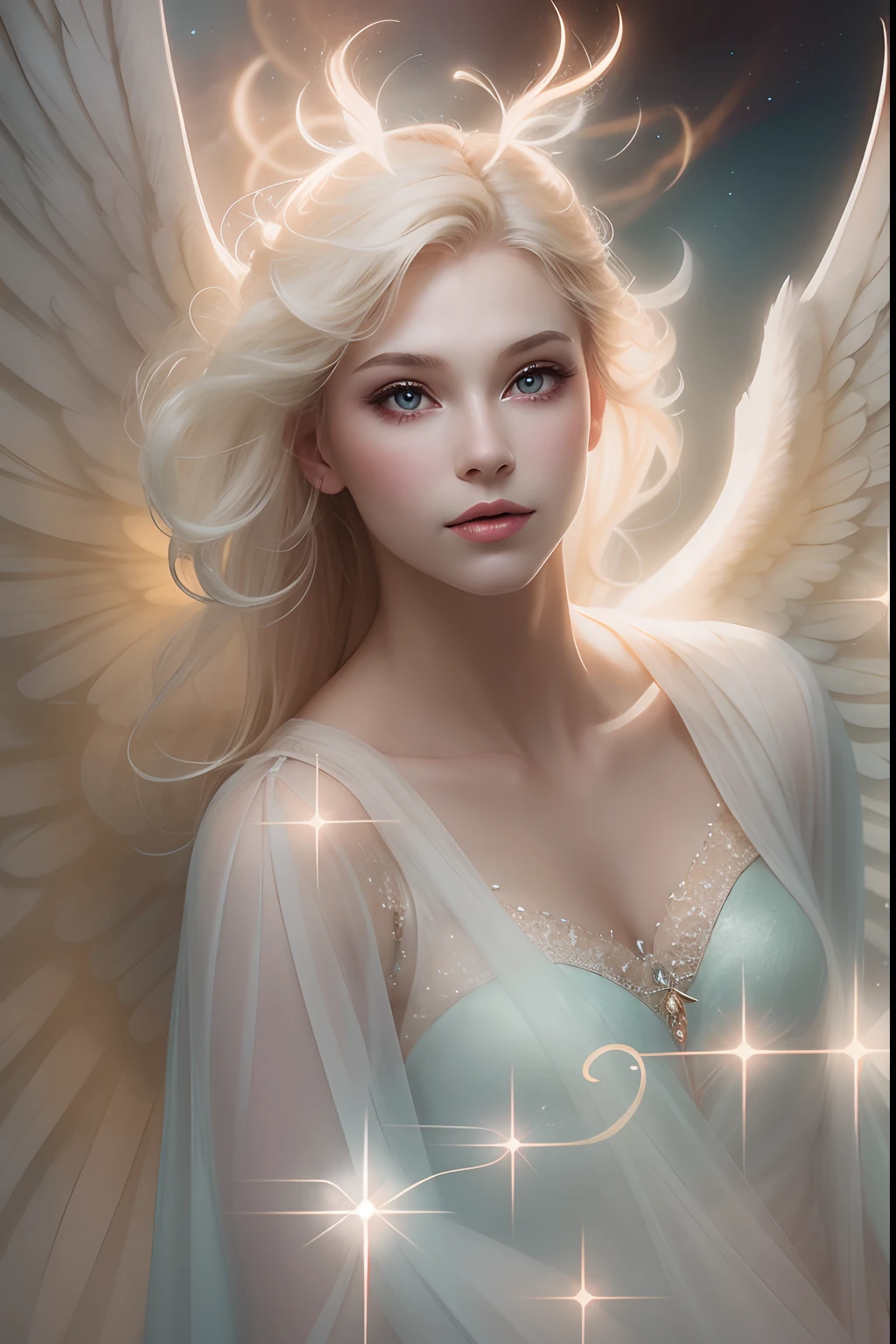 An angel is depicted with a pale and luminous complexion, their skin seemingly glowing with an otherworldly radiance. They are adorned with a pair of sparkling and graceful wings, symbolizing their divine nature. The scene is ethereal and enchanting, capturing the beauty and mystery of these celestial beings. angel, pale, luminous, complexion, glowing, otherworldly, radiance, sparkling, graceful, wings, divine, ethereal, enchanting, beauty, mystery.upper body,