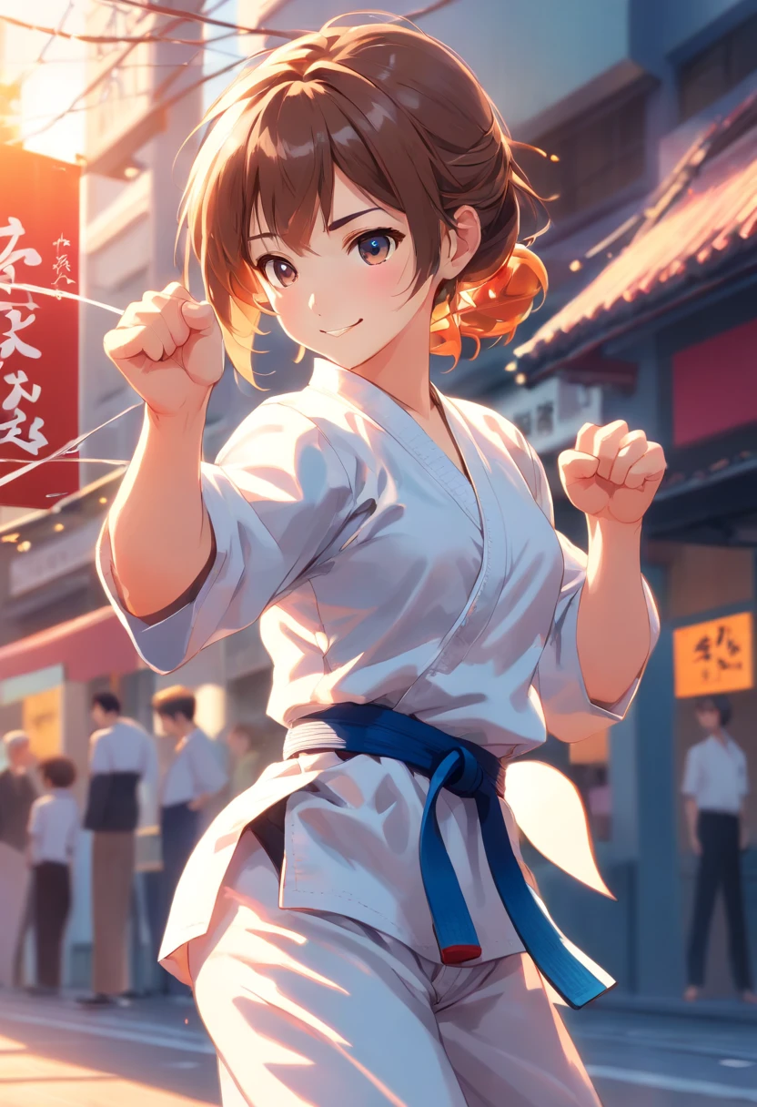 colorful animation stills, Honest portrayal, Whole body(​masterpiece:1.3), (8K, hight resolution, a picture, Top image quality: 1.4), (1girl in), ligh brown hair, waved hair, attractive beautiful face, (A smile: 1.15), 17 age, Whole body, bare-legged(White Karate Uniform:1.4), Attractive body with soft curvaceous beauty, Bold sexy poses, perfect anatomia, TOKYOcty