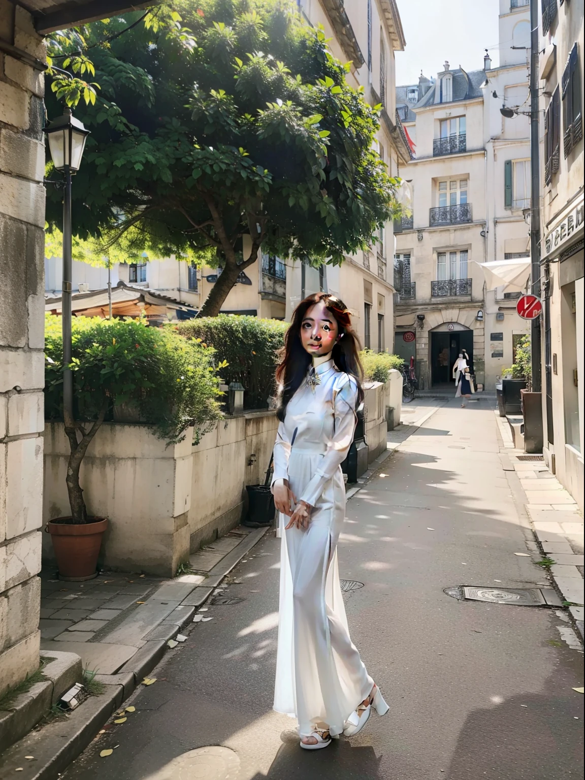 Best quality,masterpiece,ultra high res,(photorealistic:1.4),1 girl, solo,young and beautiful girl , 20 years old , long hair , wearing white Ao Dai , full body portrait , artistic style , bright light , posing on the streets of Paris , Taken with a Canon EOS 5D Mark IV, with the exposure adjusted to soften the light