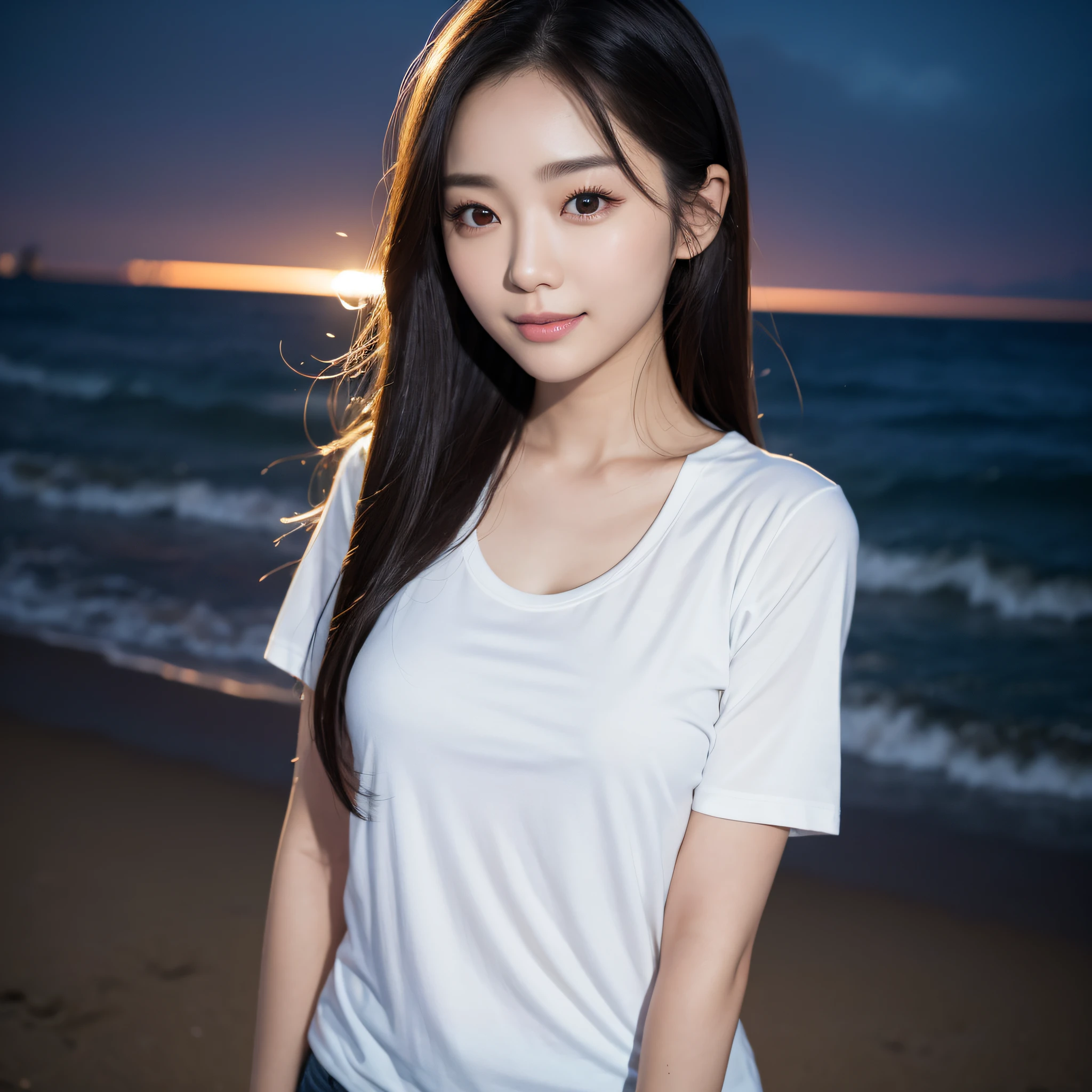 One lady、((best qualtiy、8k masterpieces:1.3))、foco nítido:1.2、(ultra beautiful faces:1.0)、(shinny skin:1.0)、photos realistic、A dark-haired、Video Lighting、High-definition eyes and face、Video Lighting、(Korean Cute Actress)、from the front side、medium breasts、(ssmile:1.2)、Slender Abs Beauty、Whole body、wearing t-shirts、On the coast at night