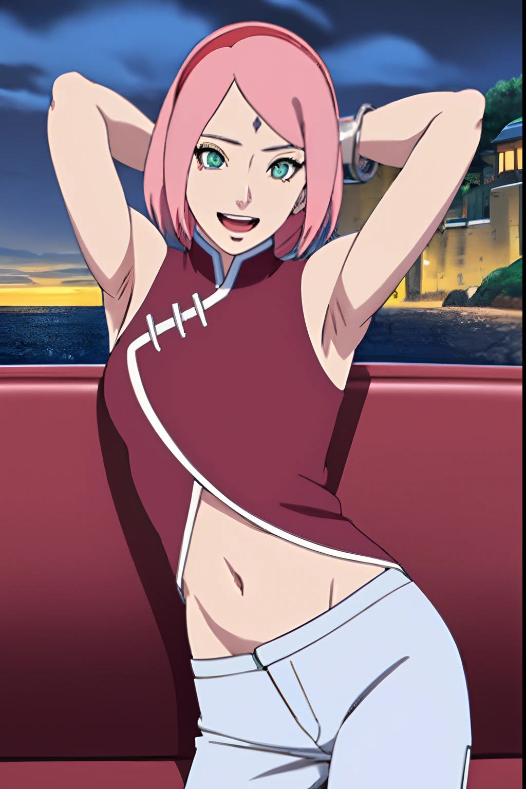 masterpiece, 4k, portrait, cowboy shot, (night), professional artwork, intricate details, colorful, digital blending, (ultra detailed body, ultra detail hair, ultra detail face), trending on pixiv, kind smile, best quality, anime style: 1.9, 1girl, hires, haruno sakura, (forehead mark, milf, red hairband, pale skin, (small breasts), short hair, ((red sleeveless dress,), white pants), ((navel, belly button), slender body, slender belly, bracelet, pink hair, open mouth, big eyes), smile, beach, wind, floating hair, detailed arms, off-shoulders, broad shoulders, ((both armpits , (both) hands spreading to both sides, (symmetrical arms))), fancy couch, relaxing, laying, talking, looking at the viewer, ((showing both armpits, hairy armpits)))