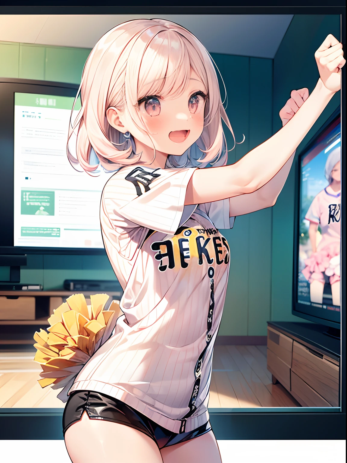 best quality, masterpiece, absurdres, highres, (1girl:1.6), (short shaggy perm hair:1.6), (light pink hair:1.5), (wearing the black vertical striped shirt:1.5), (flower effects:1.2), (cowboy shot:1.4), break (In front of a TV at home,:1.4)
BREAK
(a girl is enthusiastically cheering for the Hanshin Tigers:1.6). Her eyes are fixed on the screen, filled with excitement and tension.
BREAK
The room feels as if it's filled with the heat of the game.
