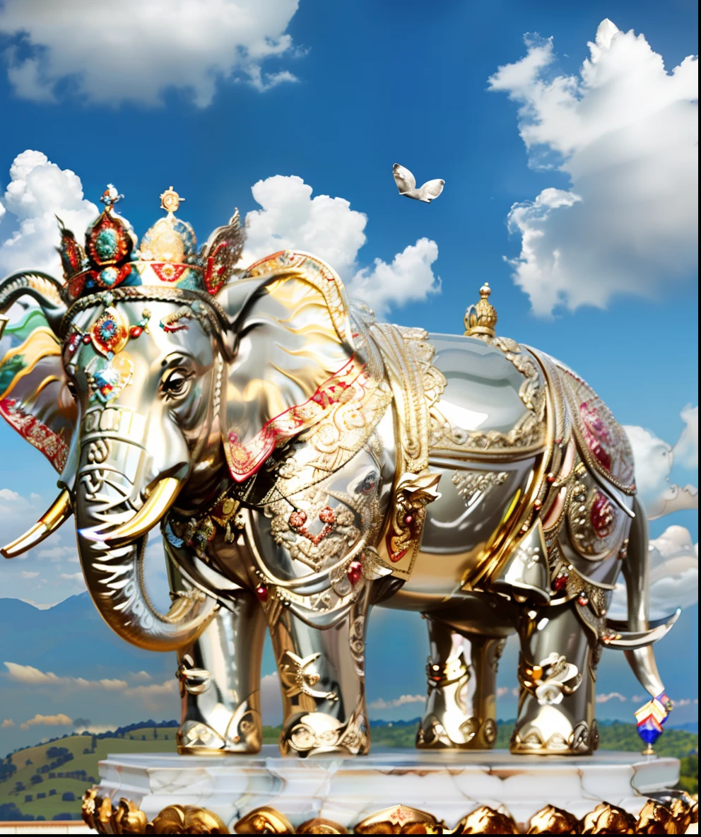 Dram of an enormous elephant king, animal -shiny silver an elephant  a big, tall, and impetuous elephant two pairs of tusks superior to the color of marble It was an auspicious elephant, on sky of clouds.