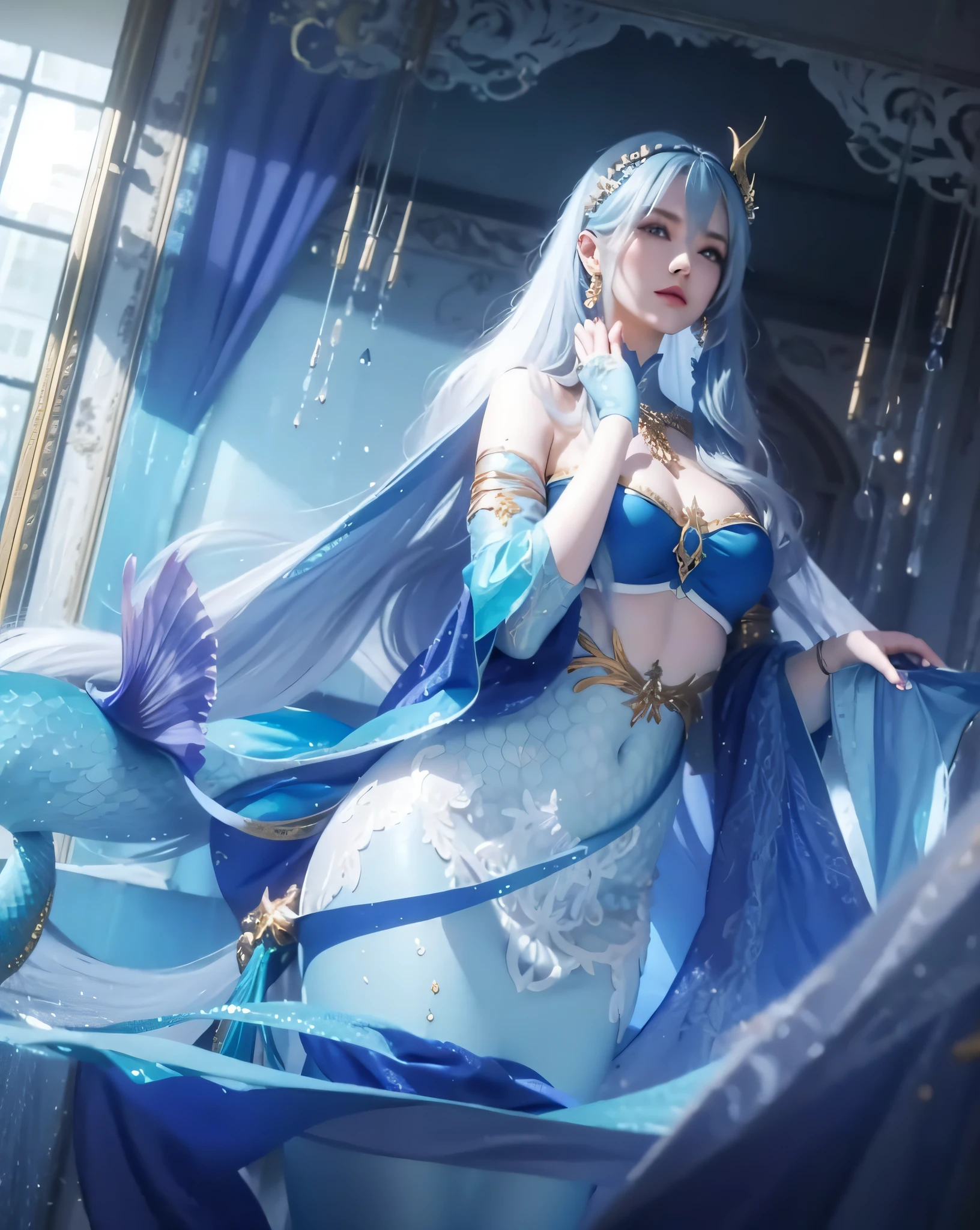 female, white long hair, wearing blue aqua dress elegant with gold line, the stomach is open, Mermaid horn headband, photorealistic, masterpiece