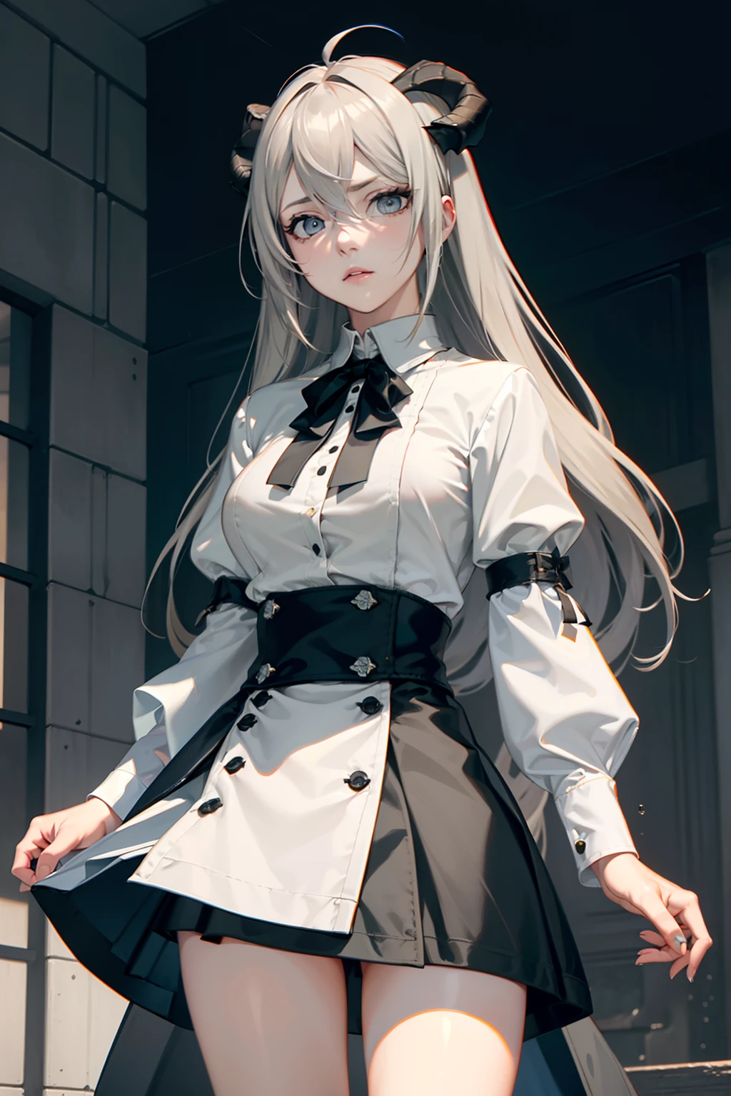 ((masterpiece, best quality)), (1girl), (solo), (female focus), (ahoge, ash blonde hair, long hair), green eyes, ((white shirt), (buttoned shirt)), ((black skirt), (short skirt)), standing, white background, arms behind back, (bat wings on the waist), (sheep horns), sad eyes, cold facial expression, cold look, pale skin, colour grading, dark illustration, extreme quality, radiant, extremely detailed, ultra-detailed face, ultra hd 8k, ultra digitality, mythical, dark lightning, sleepy eyes, detailed hands, fine details, ash blonde haired deity, grey-haired, girl with ash blonde hair, nier:automata inspired, nier : automata inspired, girls frontline cg, grey haired, ash blonde hair girl, perfect grey haired girl