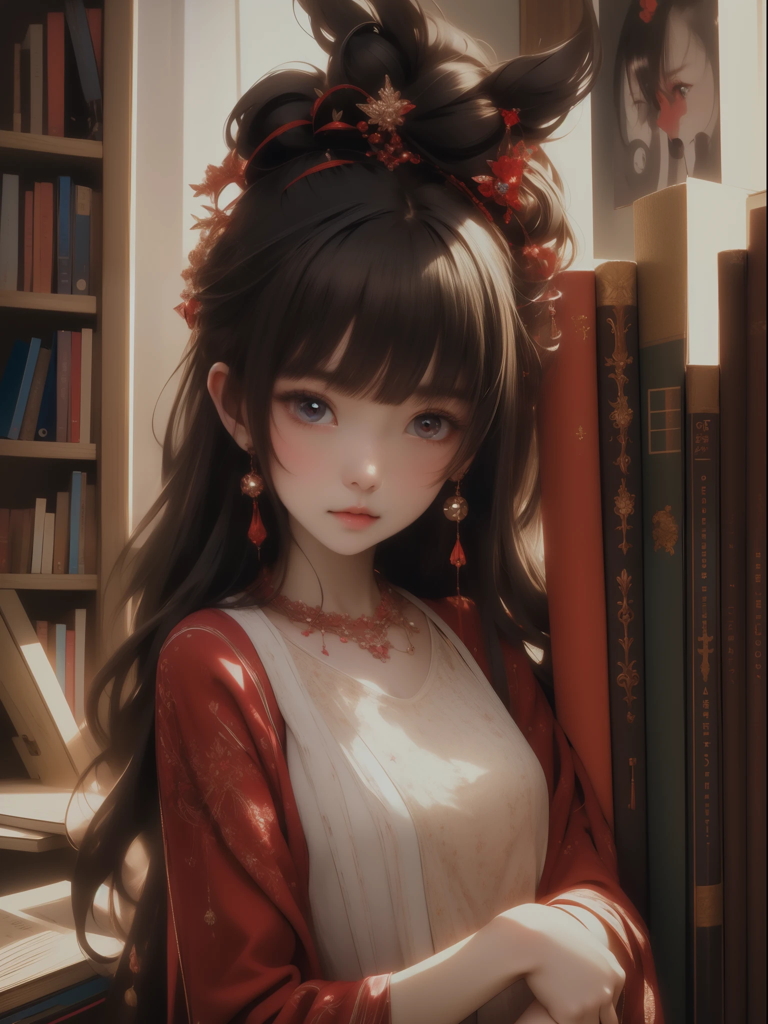 ((masterpiece,best quality))1girl, solo, bookshelf, pile of books, suzuno, indoors, hair ornament, yuina, red eyes,