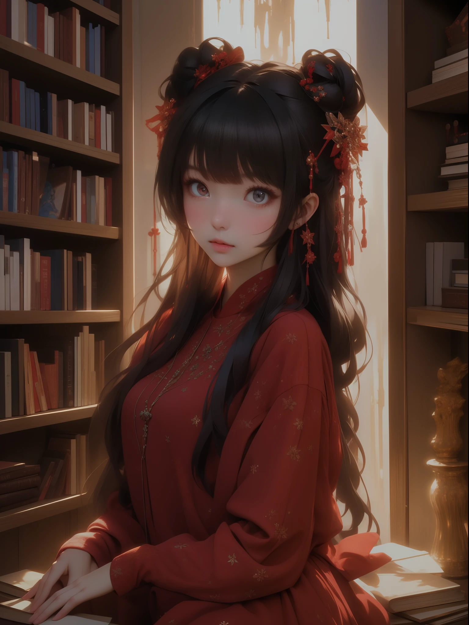 ((masterpiece,best quality))1girl, solo, bookshelf, pile of books, suzuno, indoors, hair ornament, yuina, red eyes,