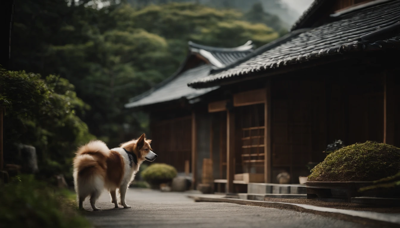 Japanese houses、a Dog、wooden、