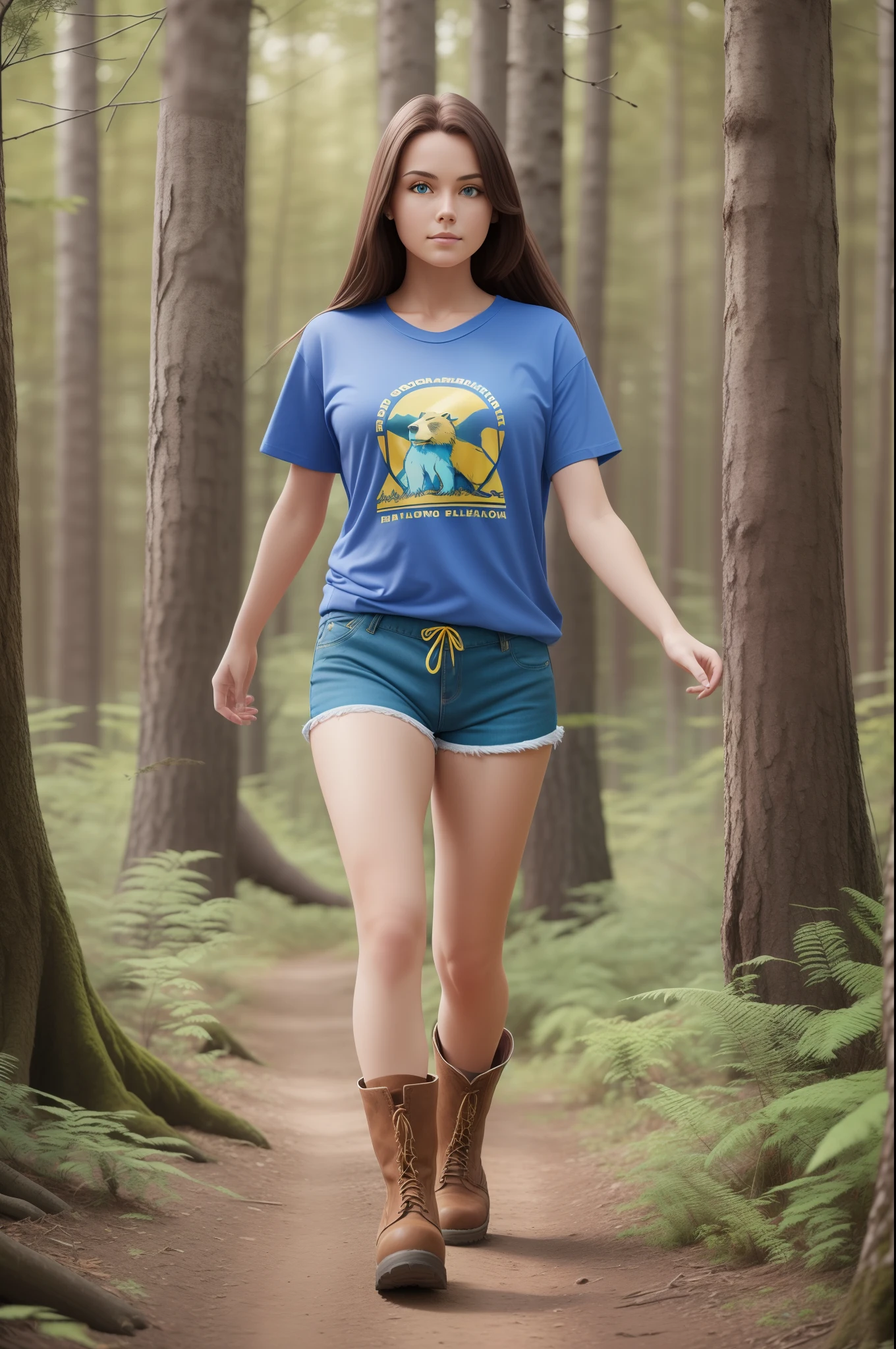 A woman standing in the forest, long brown hair, blue eyes, wearing a blue t-shirt and yellow shorts, on her feet are brown boots, the background is a dark forest, a bear is running behind her, high detail of the face, 8k --auto --s2
