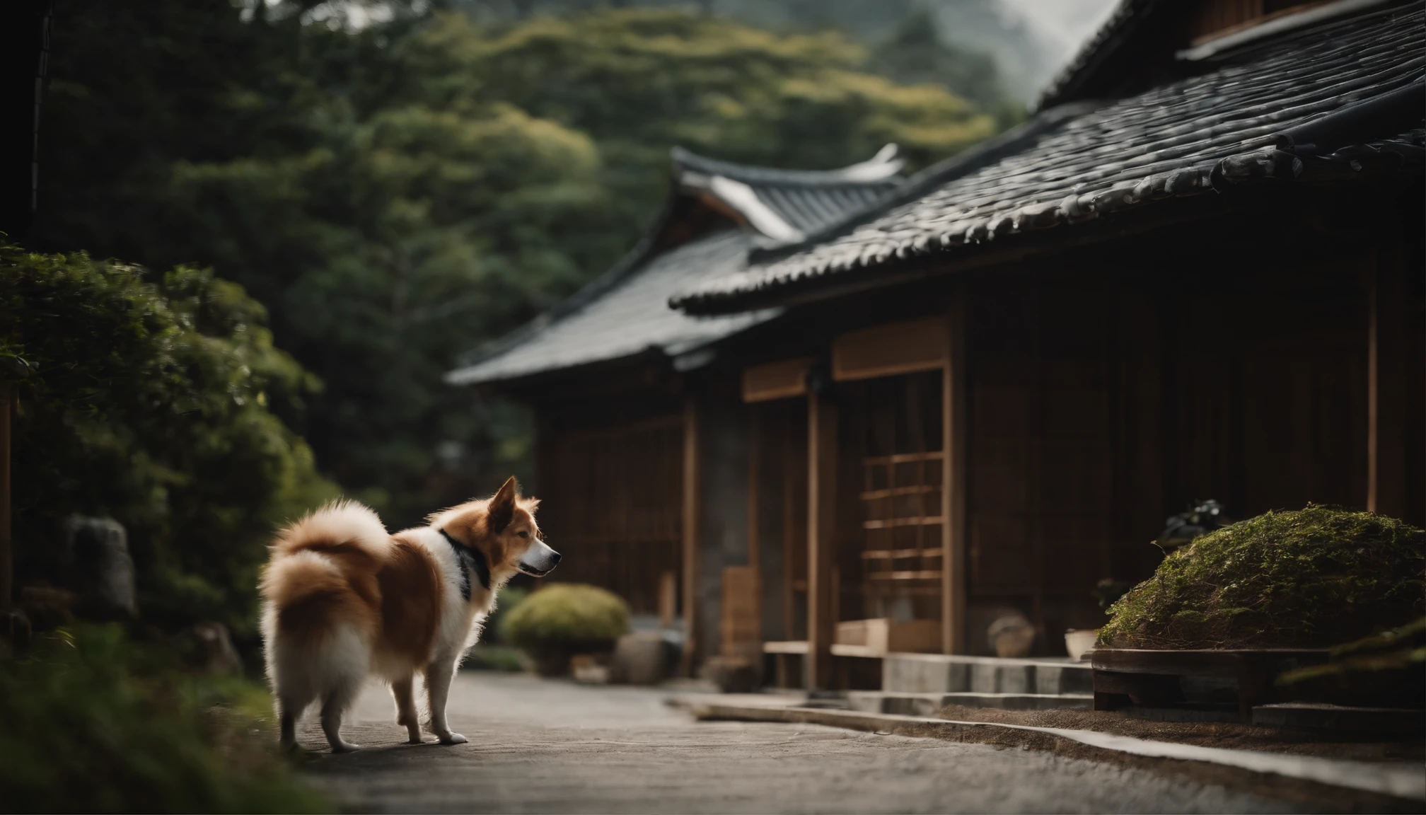Japanese houses、a Dog、wooden、
