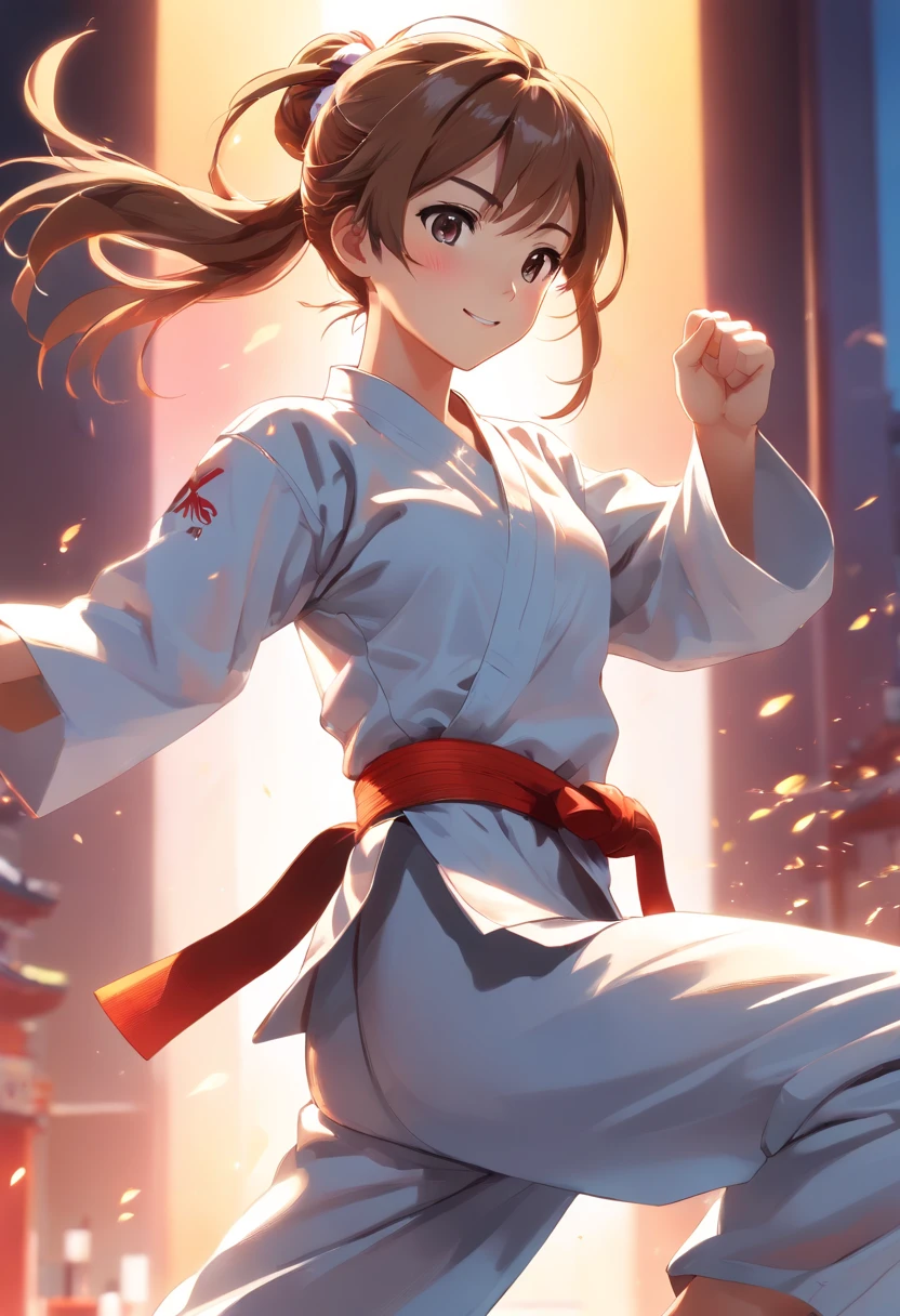 colorful animation stills, Honest portrayal, Whole body(masterpiece:1.3), (8K, hight resolution, a picture, Top image quality: 1.4), (1girl in), ligh brown hair, waved hair, attractive beautiful face, (A smile: 1.15), , Whole body, bare-legged(White Karate Uniform:1.4), Attractive body with soft curvaceous beauty, Bold sexy poses, perfect anatomia, TOKYOcty