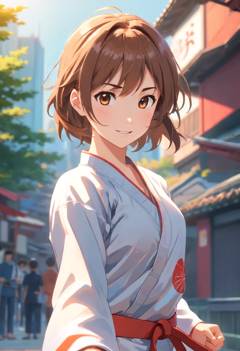 colorful animation stills, Honest portrayal, Whole body(masterpiece:1.3), (8K, hight resolution, a picture, Top image quality: 1.4), (1girl in), ligh brown hair, waved hair, attractive beautiful face, (A smile: 1.15), 17 age, Whole body, bare-legged(White Karate Uniform:1.4), Attractive body with soft curvaceous beauty, Bold sexy poses, perfect anatomia, TOKYOcty