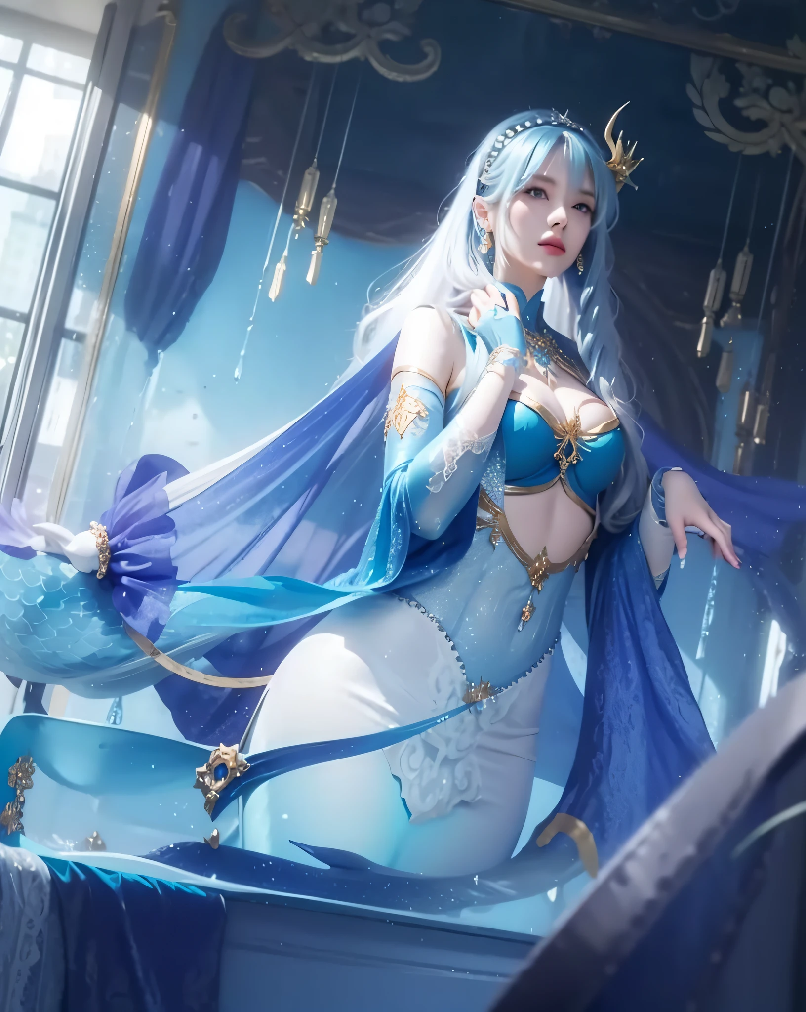 female, white long hair, wearing blue aqua dress elegant with gold line, the stomach is open, Mermaid horn headband, photorealistic, masterpiece