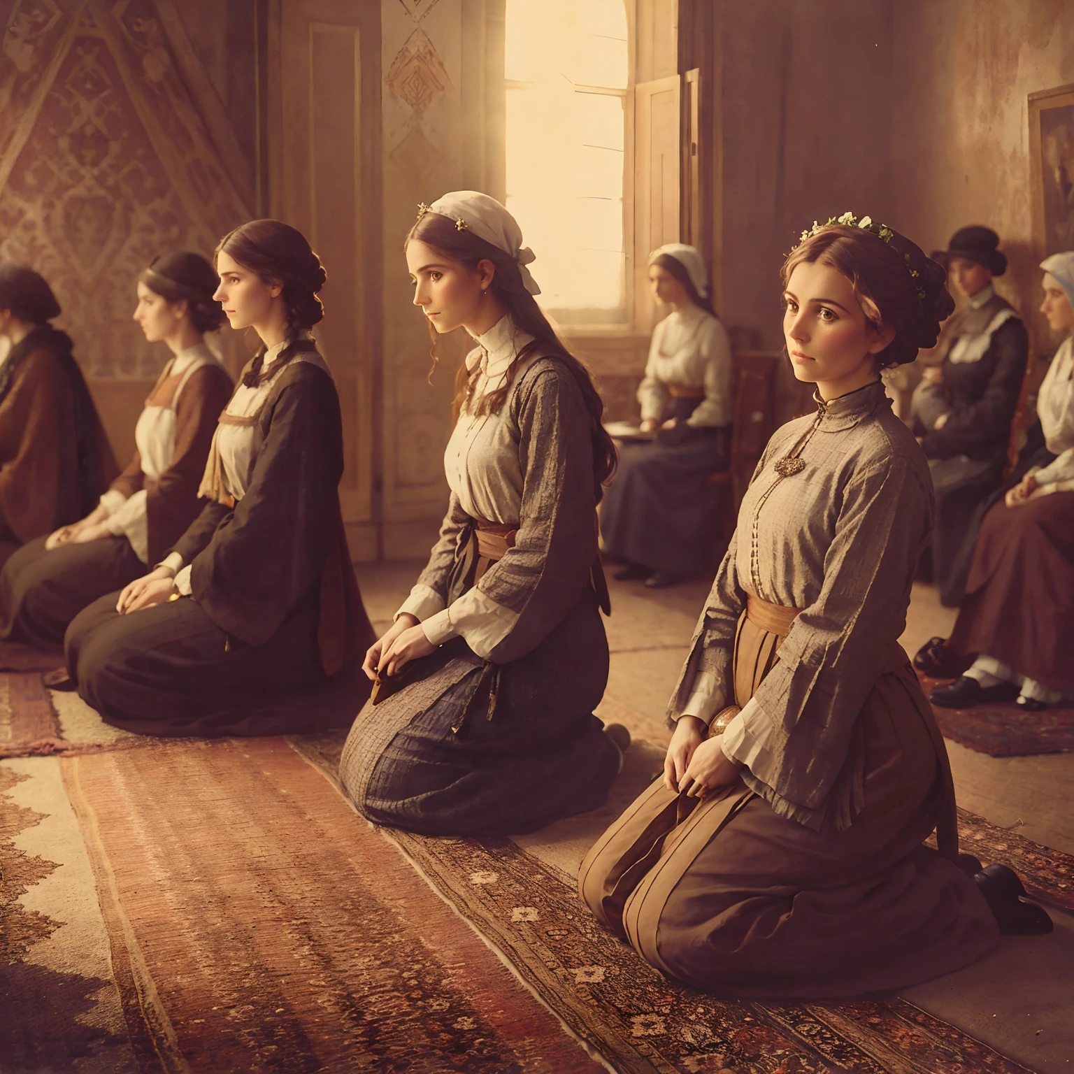 several women sitting in line in a room with a rug, slav epic, inspirado em Nikolai Ge, Directed by: Artur Tarnowski, 1 8 8 0 s estilo, orar meditando, Directed by: Alexander Mann, kramskoi 4 mil, Beeple e Alphonse Mucha, 1 9 0 0 s fotografia, Fotografia dos anos 1900