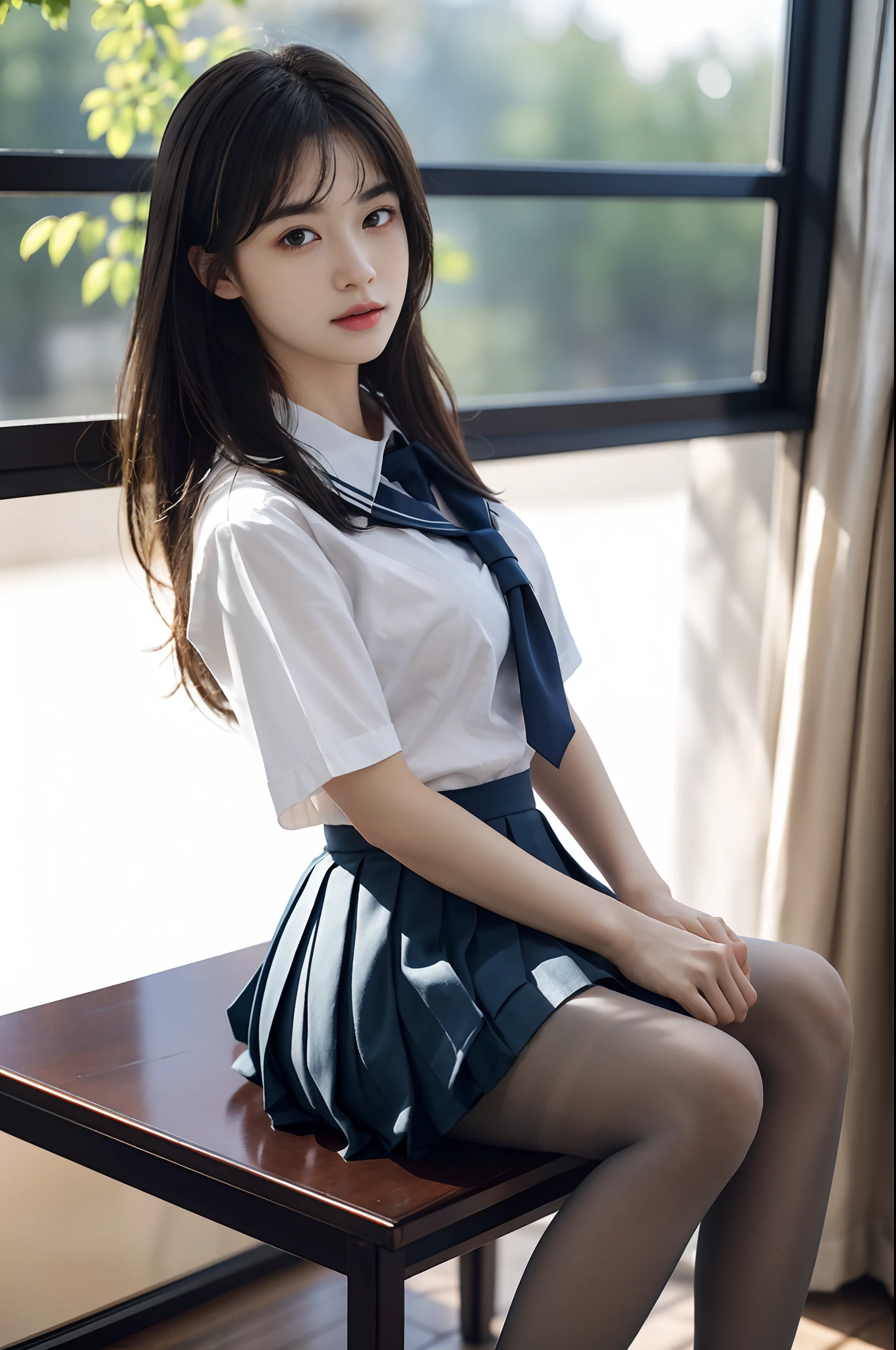 Underwear, 20 year old woman photo, cute, panties, ((KPOP Idol)), lace panties, sitting, panty shot, spread legs, sheer white skirt, school uniform, white panties, socks, black hair, shirt, blurred, blurry background, knee high, white shirt, loafers, realistic, long hair, lips, brown eyes, black socks, bow tie, pleated skirt, bow, headrest, sideways, outdoors, brown footwear, masterpiece, best quality, ultra detail,