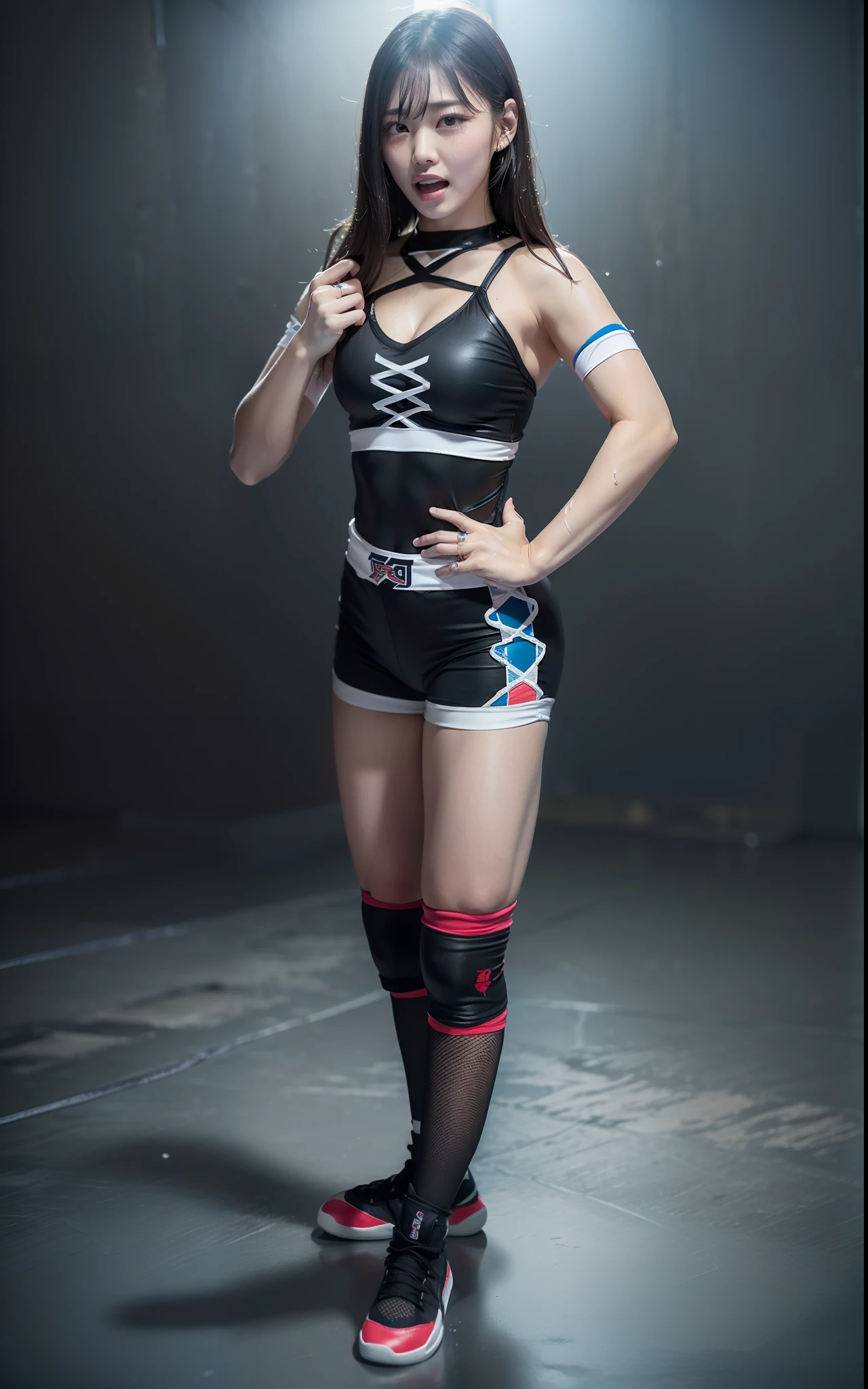 (((Make the most of the original image)))、(((Women's Pro Wrestling)))、(((Beautiful Girl Wrestler)))、(((lustrous dark hair)))、(((Suffering)))、(((cool expression)))、(((Always wear ring shoes)))、(((professional female wrestler)))、((Top image quality、8K))、((top-quality、8K、​masterpiece:1.3))、Crisp focus:1.2、Beautiful woman with perfect body shape:1.4、Slender Abs:1.2、((layers-Cut、large boob:1.2))、a wet body:1.5、Highly detailed facial and skin texture、Suffering、is crying