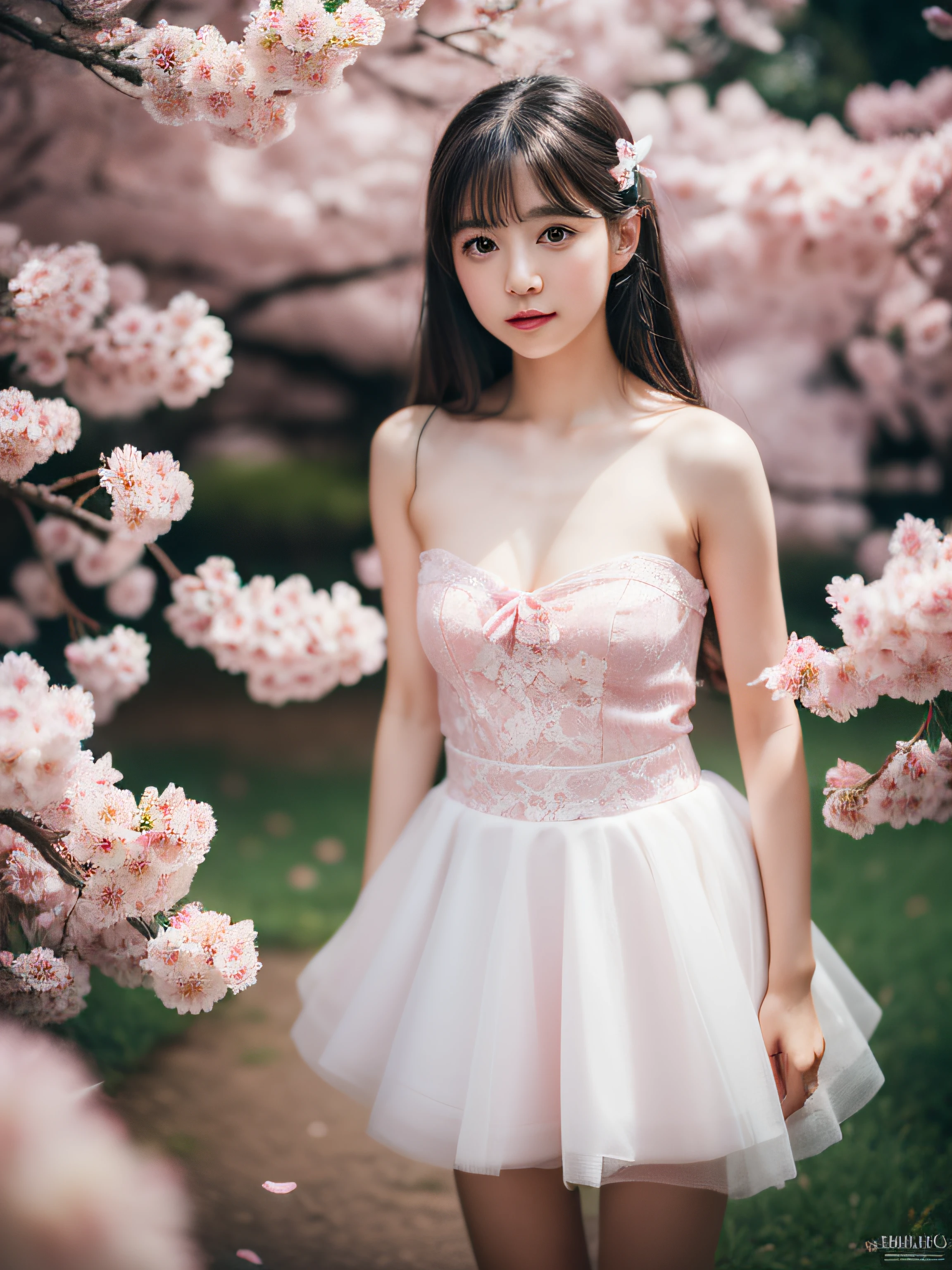 top-quality、8k picture、(:1.5),Lace,bow ribbon,(masutepiece, side lights, Dense beautiful gray eyes: 1.2), medium breasts, Realistic, Glowing eyes,Shiny hair,Black hair,Long long hair, Lustrous skin, Solo, embarrassed from,Strapless,Exquisite,beautifly,garden,Flowers,Flying petals, Bare legs, cherry blossom, Cinematic Light, Cinematic composition, Rich expression