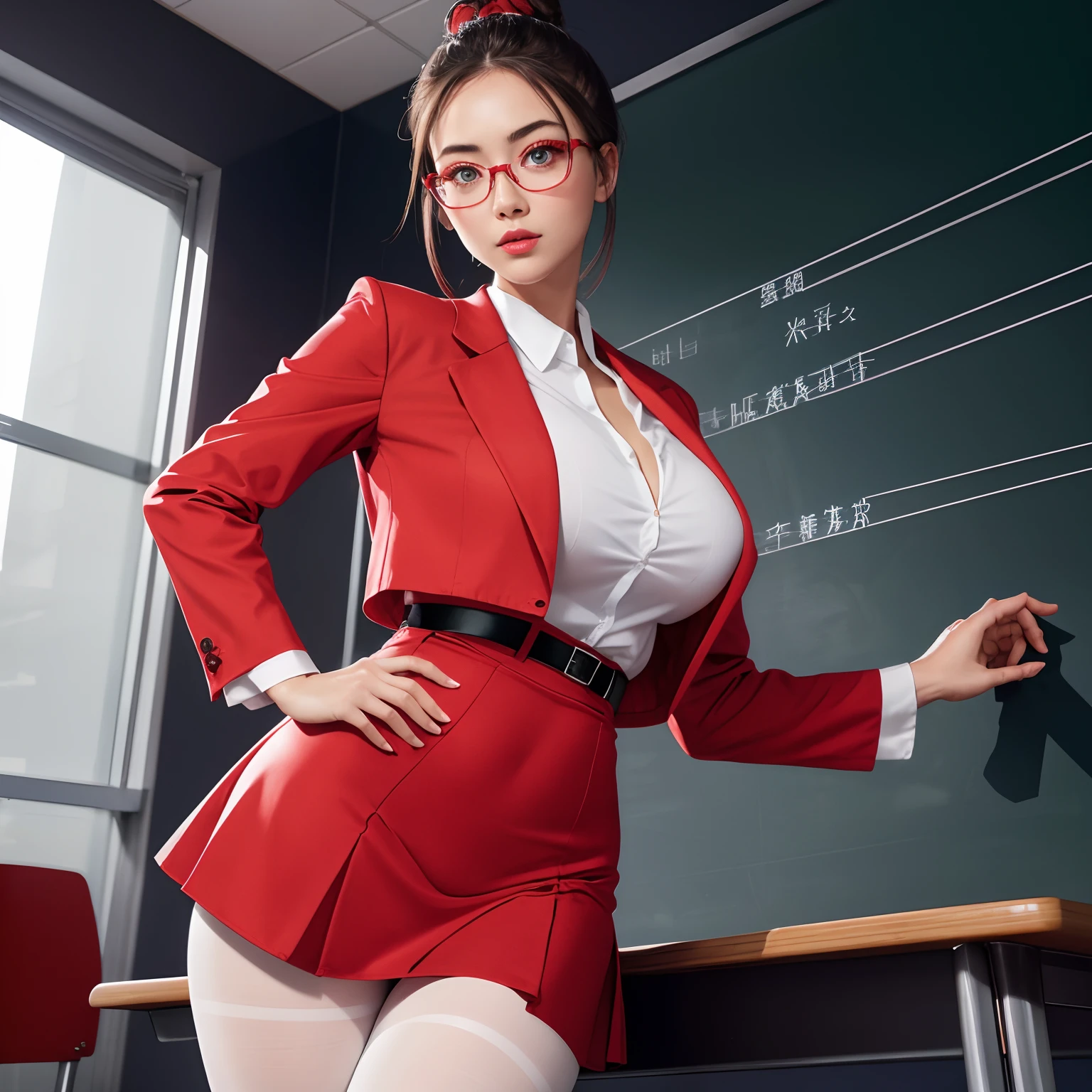 The best picture,The most realistic,4K clarity,Older Asian women,head to knees,sexy, eyes looking at camera,teacher,wearing glasses,red lips,