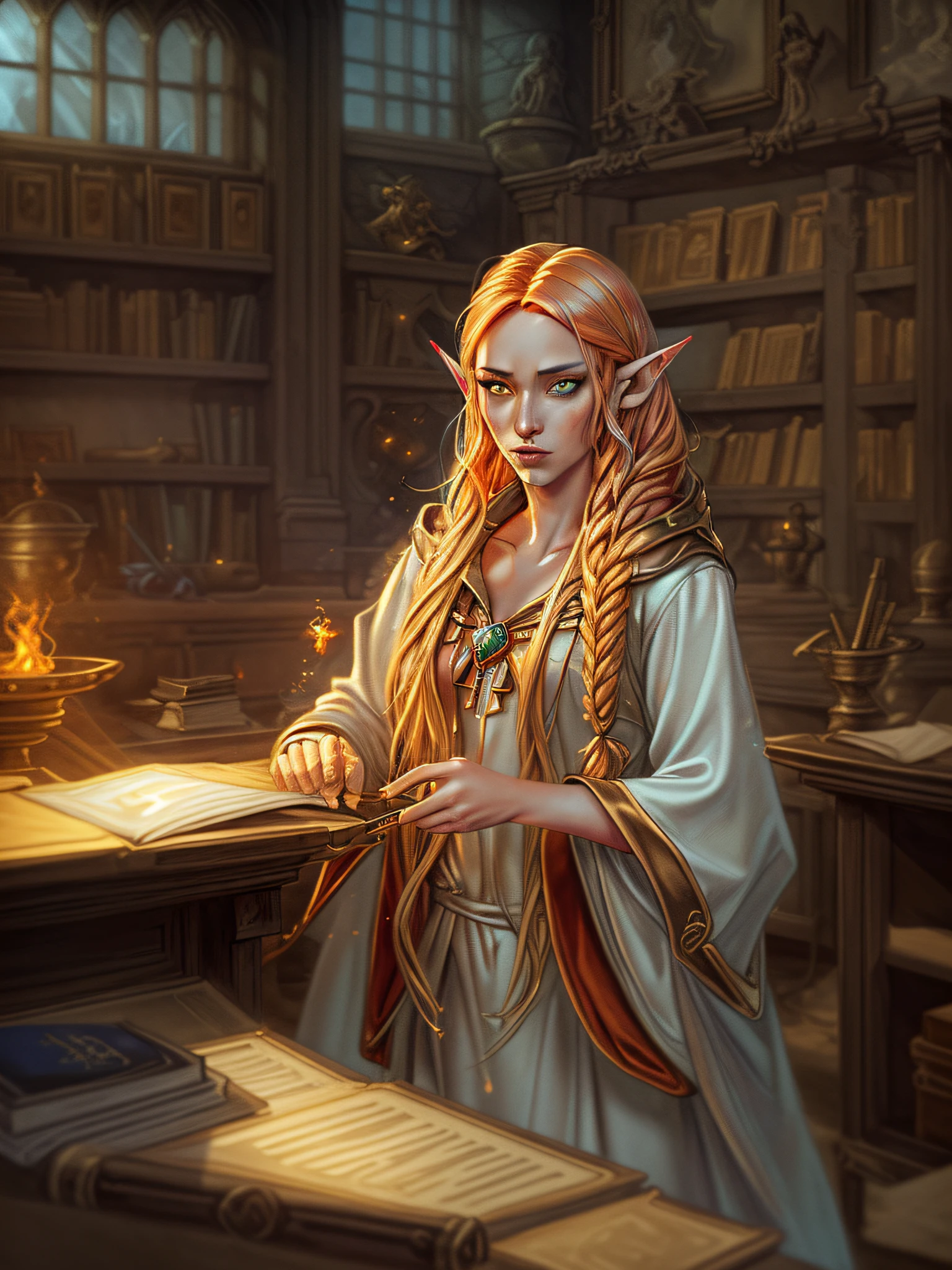 high details, best quality, 16k, [ultra detailed], masterpiece, best quality, (extremely detailed), ultra wide shot, photorealistic, a picture of an elf magical teacher  (best details, Masterpiece, best quality: 1.5), teaching magical arts, manipulating red fire at fantasy classroom, a female elf, exquisite beautiful, golden hair, hair in a long braid,  small pointed ears,  dynamic eyes color, wearing a teachers robe, fantasy class background, best realistic, best details, best quality, 16k, [ultra detailed], masterpiece, best quality, (extremely detailed), ultra wide shot, photorealism, depth of field,
