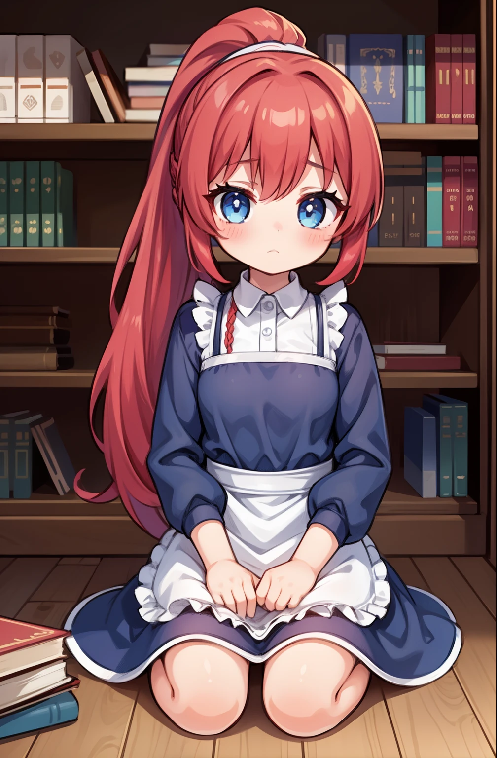 1girl, young girl, red hair, long hair, ponytail, blue eyes, apron dress, in the big house, in the library, with many books, sitting on the floor, sad, lonely