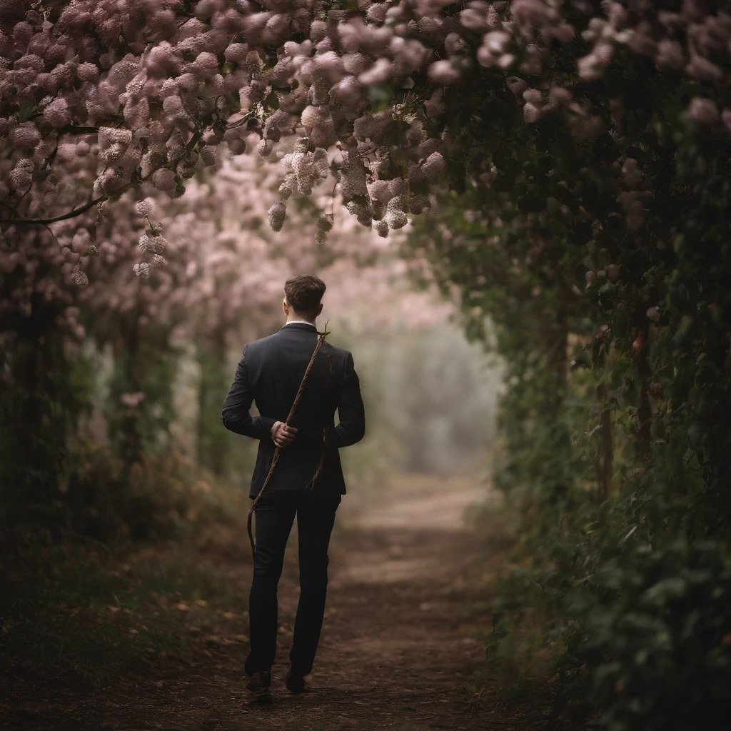 The young man, beautiful flower is tightly bound by a ((string)), the eerie, seductive, and sultry atmosphere