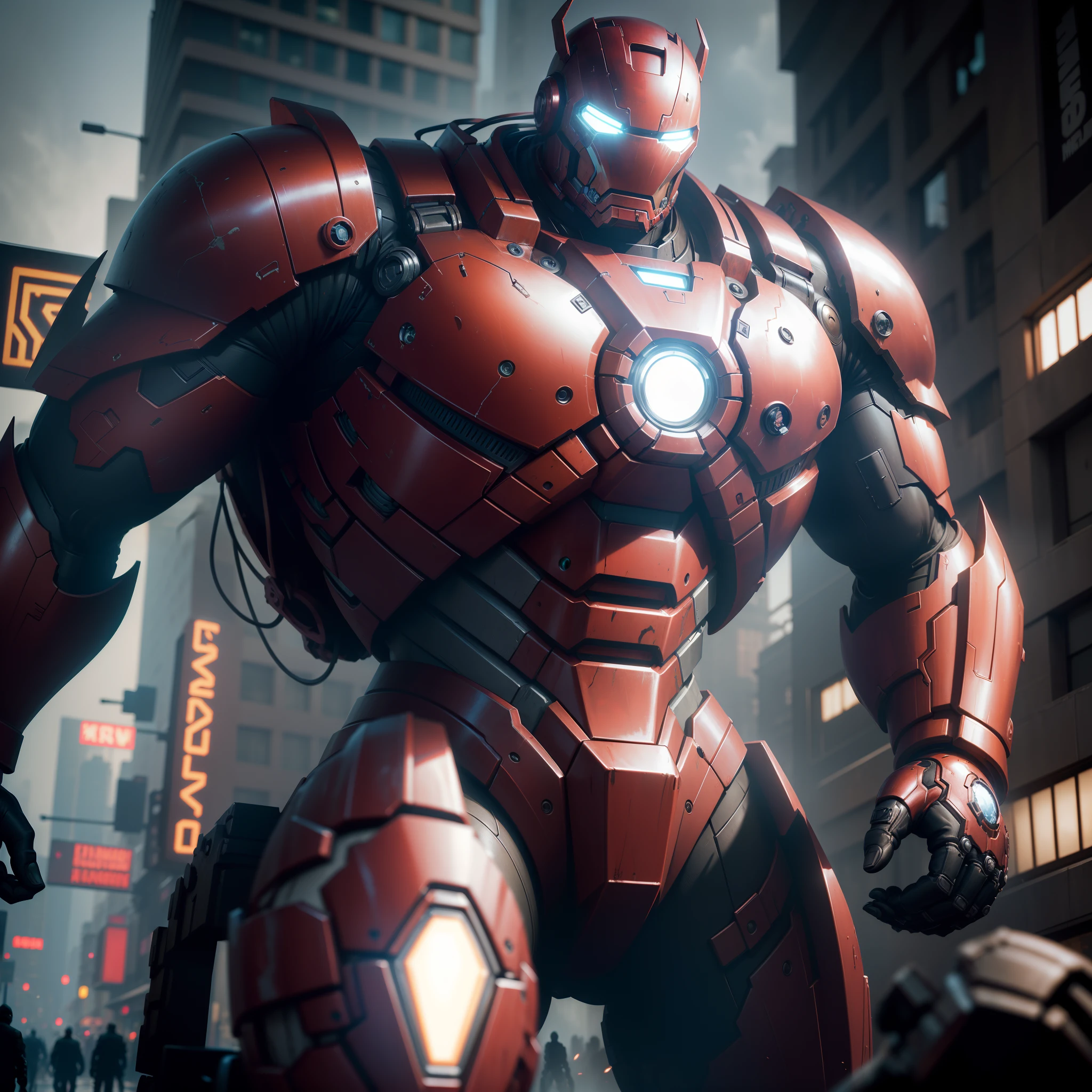 ironman hulkbuster weaponized Dark_Fantasy,Cyberpunk,1man,Mechanical marvel,Robotic presence,Cybernetic guardian, wearing a worn-out mech suit, intricate, (steel metal [rusty]), elegant, clear focus, shot by greg rutkowski, soft lighting, vibrant colors, masterpiece, ((street)), cowboy shot, dynamic pose, 8k
