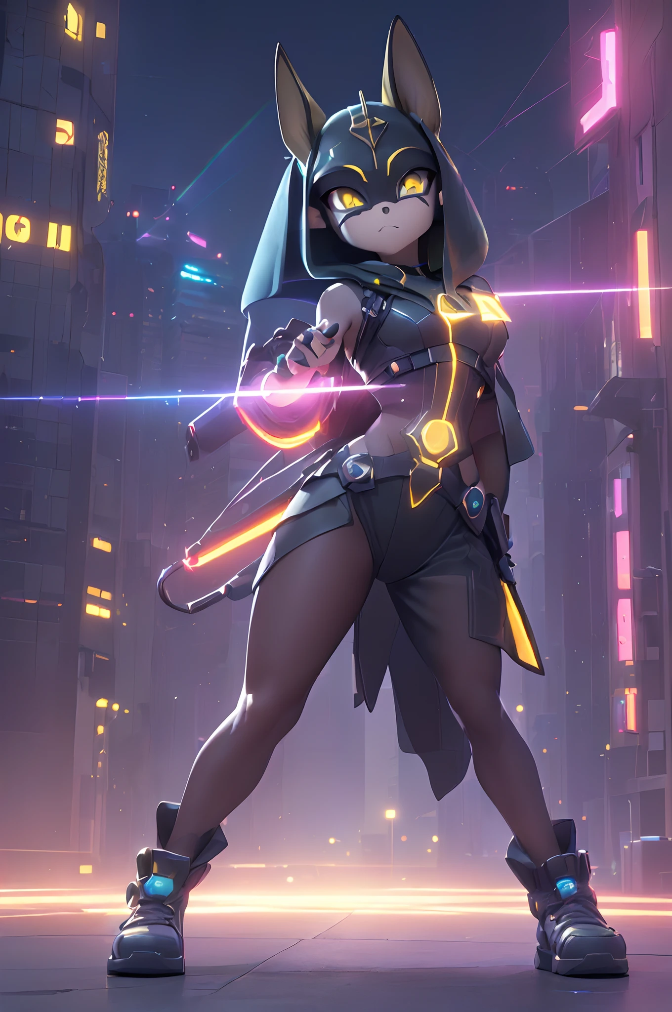 (Dynamic Angle:1.4), ((Full body posing:1.5), (Colorful:1.2), (Highly detailed CG Unity 16K wallpaper:1.1), (Denoising strength: 1.45), (tmasterpiece:1.37), ((Official art)), of the highest quality, (Realistic), Deformed Character, (Short-cut hair:1.2),(Anubis Costume:1.5),Black hair,Glowing eyes,(blue eyess:1.2),((Poses in motion:1.4)),((Anubis Costume:1.3)),wires, (LED:1.3), (a hologram:1.2), futuristic city street, Neon light, Skyscrapers, (Night:1.2), (Rainbow Model:1.2), 8K resolution, (Anime style:1.3), Cinematic lighting, chromatic abberation, spark of light, Ray tracing, blending, ultra wide-angle, Hasselblad, (masutepiece), (masutepiece), ((Best Quality)), ((masutepiece)), nffsw