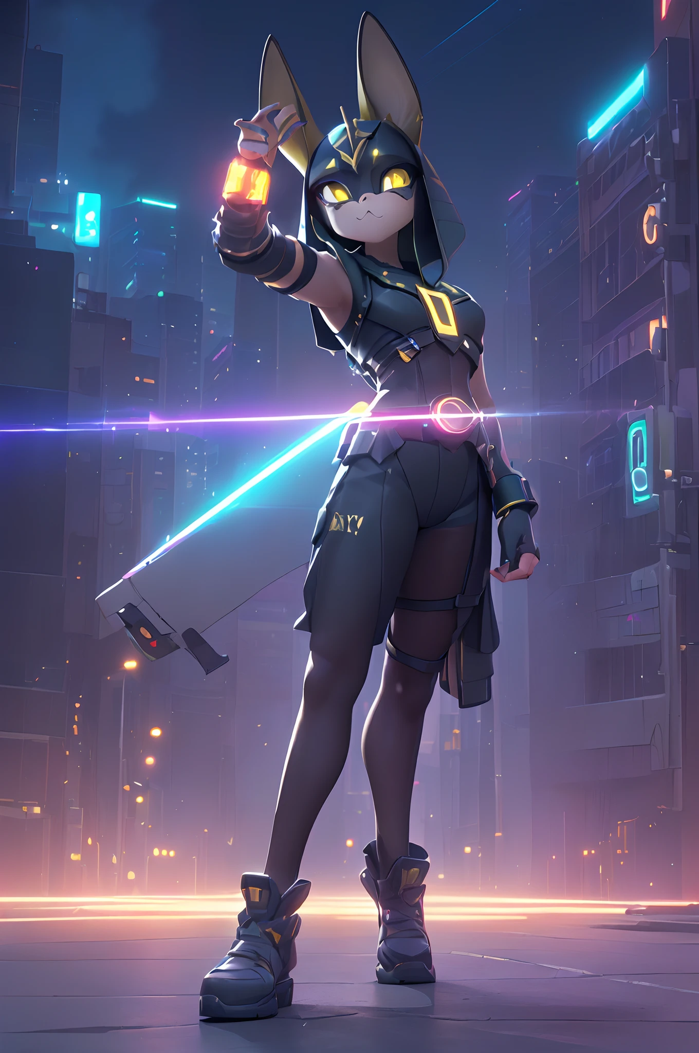 (Dynamic Angle:1.4), ((Full body posing:1.5), (Colorful:1.2), (Highly detailed CG Unity 16K wallpaper:1.1), (Denoising strength: 1.45), (tmasterpiece:1.37), ((Official art)), of the highest quality, (Realistic), Deformed Character, (Short-cut hair:1.2),(Anubis Costume:1.5),Black hair,Glowing eyes,(blue eyess:1.2),((Poses in motion:1.4)),((Anubis Costume:1.3)),wires, (LED:1.3), (a hologram:1.2), futuristic city street, Neon light, Skyscrapers, (Night:1.2), (Rainbow Model:1.2), 8K resolution, (Anime style:1.3), Cinematic lighting, chromatic abberation, spark of light, Ray tracing, blending, ultra wide-angle, Hasselblad, (masutepiece), (masutepiece), ((Best Quality)), ((masutepiece)), nffsw