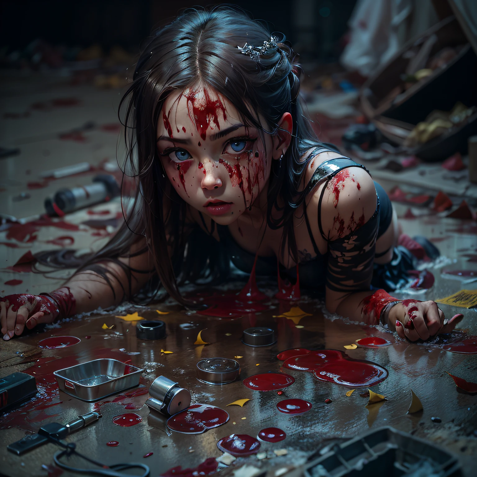 Dead girl crawls on the floor with body smeared with blood, big sad eyes, Ausdruck des Schmerzes, Bloody puddle, Blutiges Kleid, dirty dark basement full of garbage, Dunkelheit, Zahn, Nebel, gruselig, UHD, Hohe Detailgenauigkeit, best quality, hight resolution, 8K