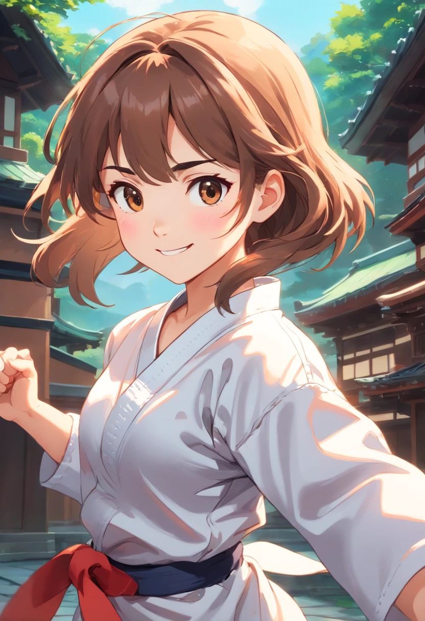 colorful animation stills, Honest portrayal, Whole body(​masterpiece:1.3), (8K, hight resolution, a picture, Top image quality: 1.4), (1girl in), ligh brown hair, waved hair, attractive beautiful face, (A smile: 1.15), 17 age, Whole body, bare-legged(White Karate Uniform:1.4), Attractive body with soft curvaceous beauty, Bold sexy poses, perfect anatomia, TOKYOcty
