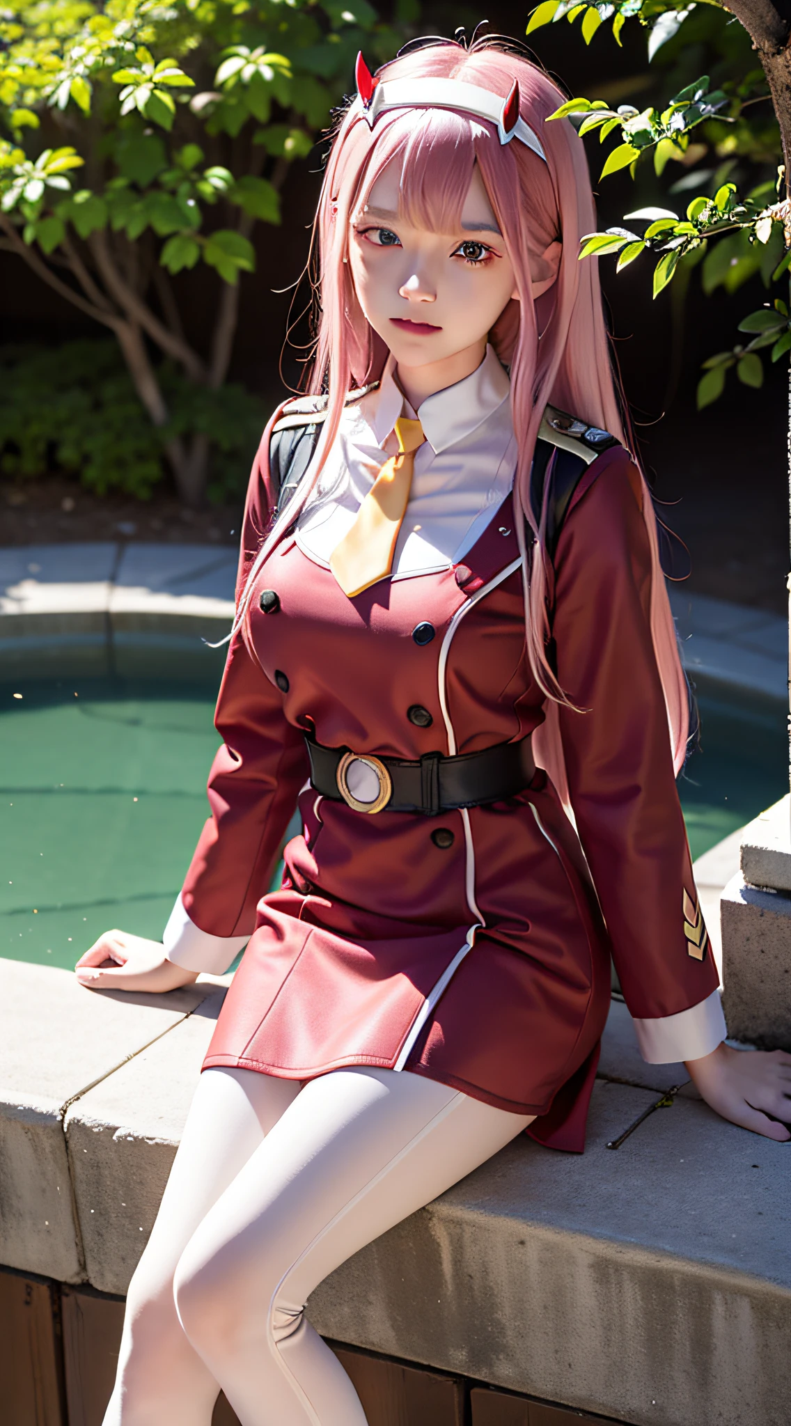 zero two from the anime darling in the franxx, woman, beautiful woman, perfect body, perfect breasts, very beautiful, long hair, pink hair, wearing a red uniform, yellow tie, black pants, white shoes, blue eyes, red spots wearing a headband red-horned, smiling, looking at the audience, standing, realism, masterpiece, textured leather, super detailed, high detail, high quality, best quality, 1080p, 16k