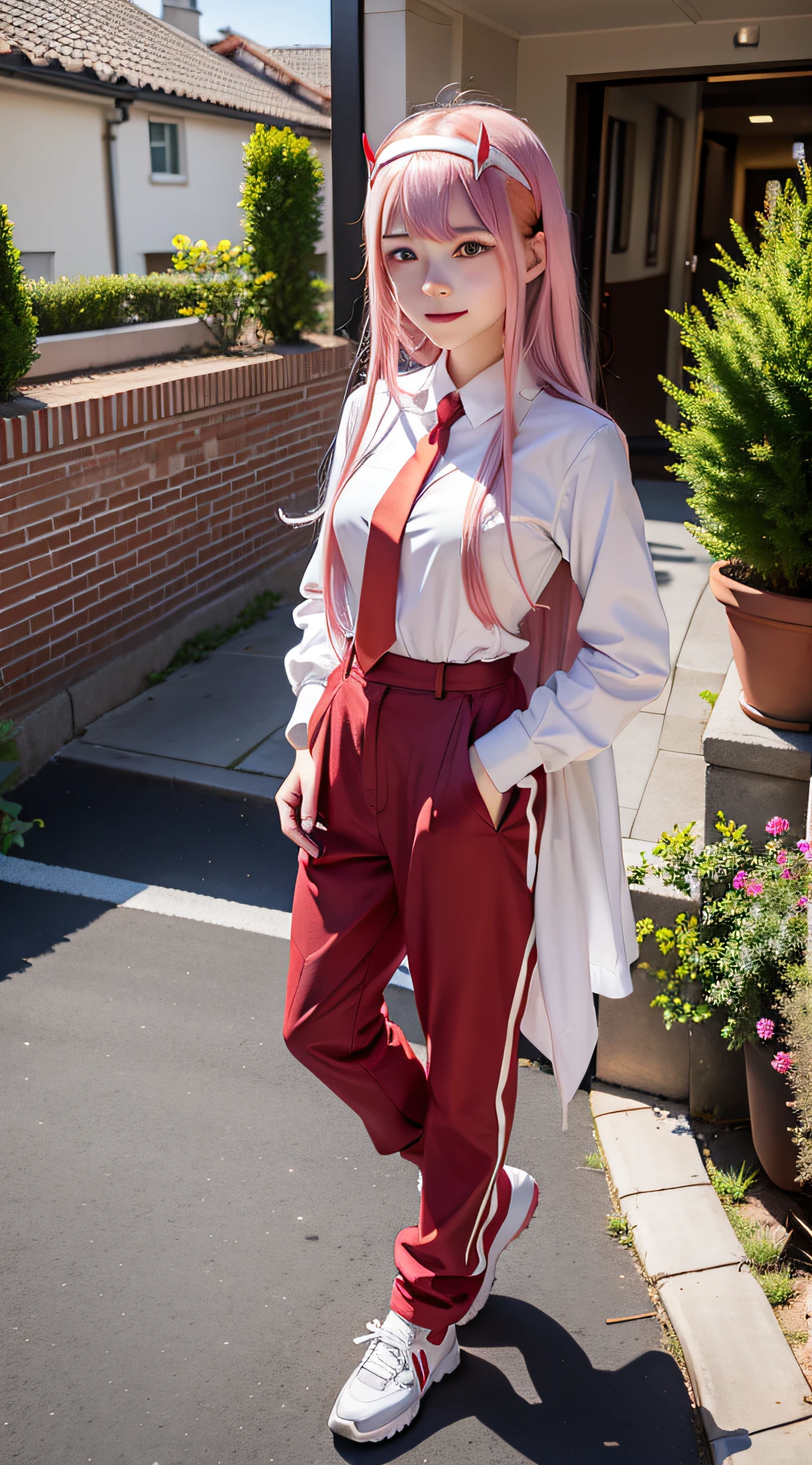 zero two from the anime darling in the franxx, woman, beautiful woman, perfect body, perfect breasts, very beautiful, long hair, pink hair, wearing a red uniform, yellow tie, black pants, white shoes, blue eyes, red spots wearing a headband red-horned, smiling, looking at the audience, standing, realism, masterpiece, textured leather, super detailed, high detail, high quality, best quality, 1080p, 16k