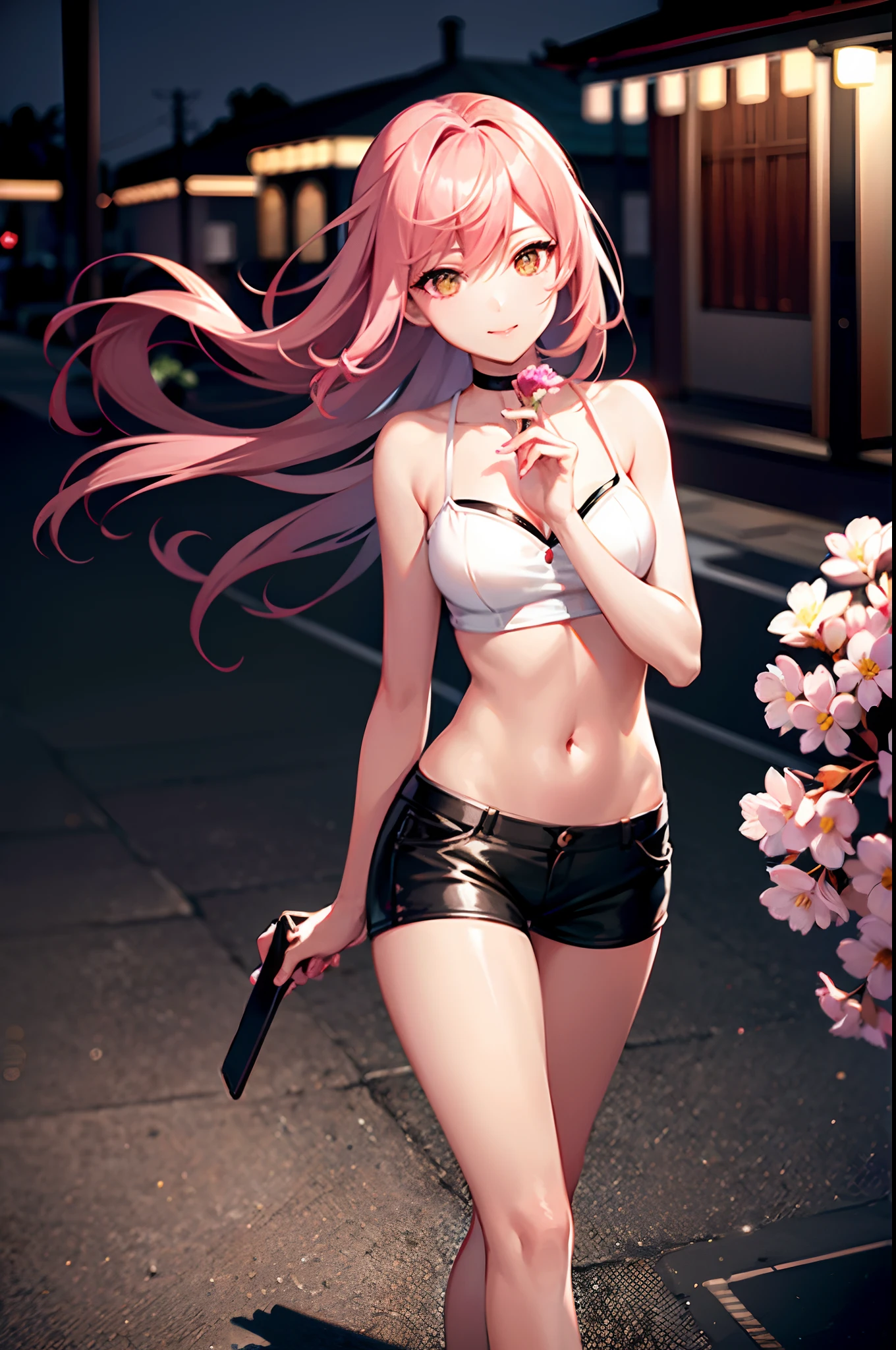 a handsome female, Street at night with lights, Fiddling with a smartphone, Hot Pants, fragrant pink flowers, Passersby, Gradation of the night scene, fine details, Subtle tones, tranquility, floating on the screen.