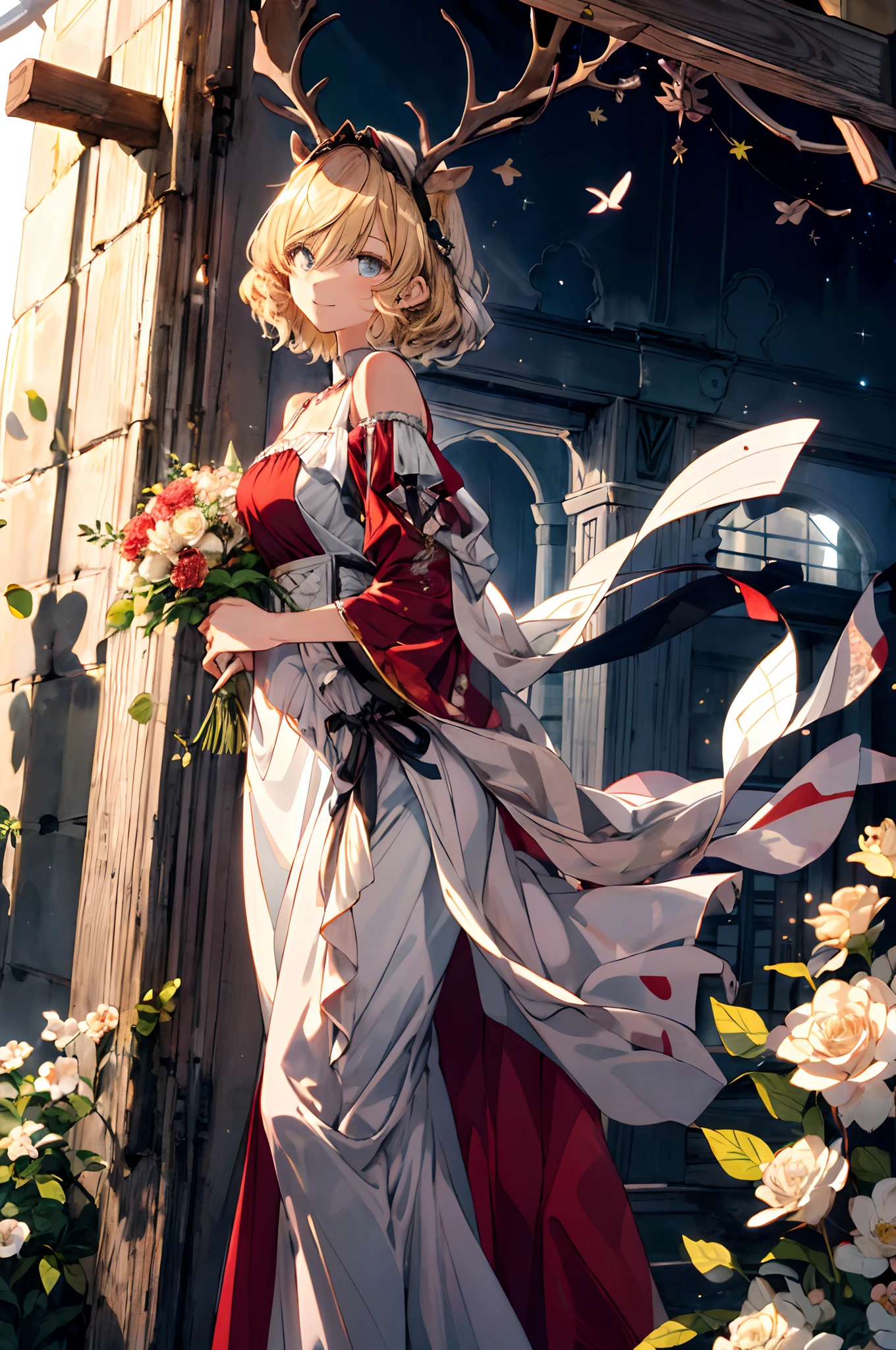 (tmasterpiece、top-quality、illustratio、Extremely high quality、high-level image quality、Extremely sensitive writing)Blonde girl standing in beautiful garden、A slight smile、She has a large bouquet、Cute national costume style dress,There are ruffles on the shoulders、Hair fluttering in the wind