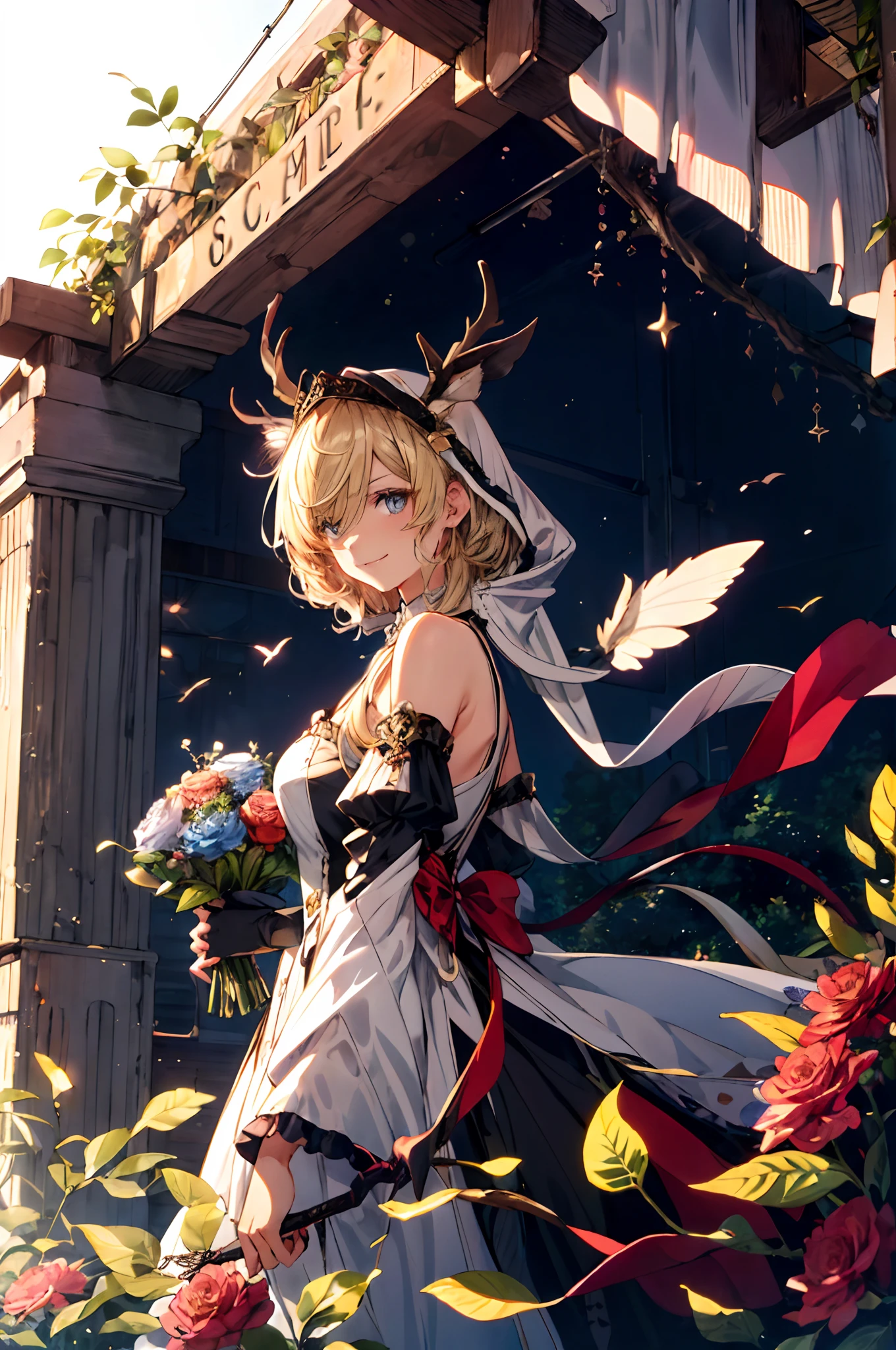 (tmasterpiece、top-quality、illustratio、Extremely high quality、high-level image quality、Extremely sensitive writing)Blonde girl standing in beautiful garden、A slight smile、She has a large bouquet、Cute national costume style dress,There are ruffles on the shoulders、Hair fluttering in the wind