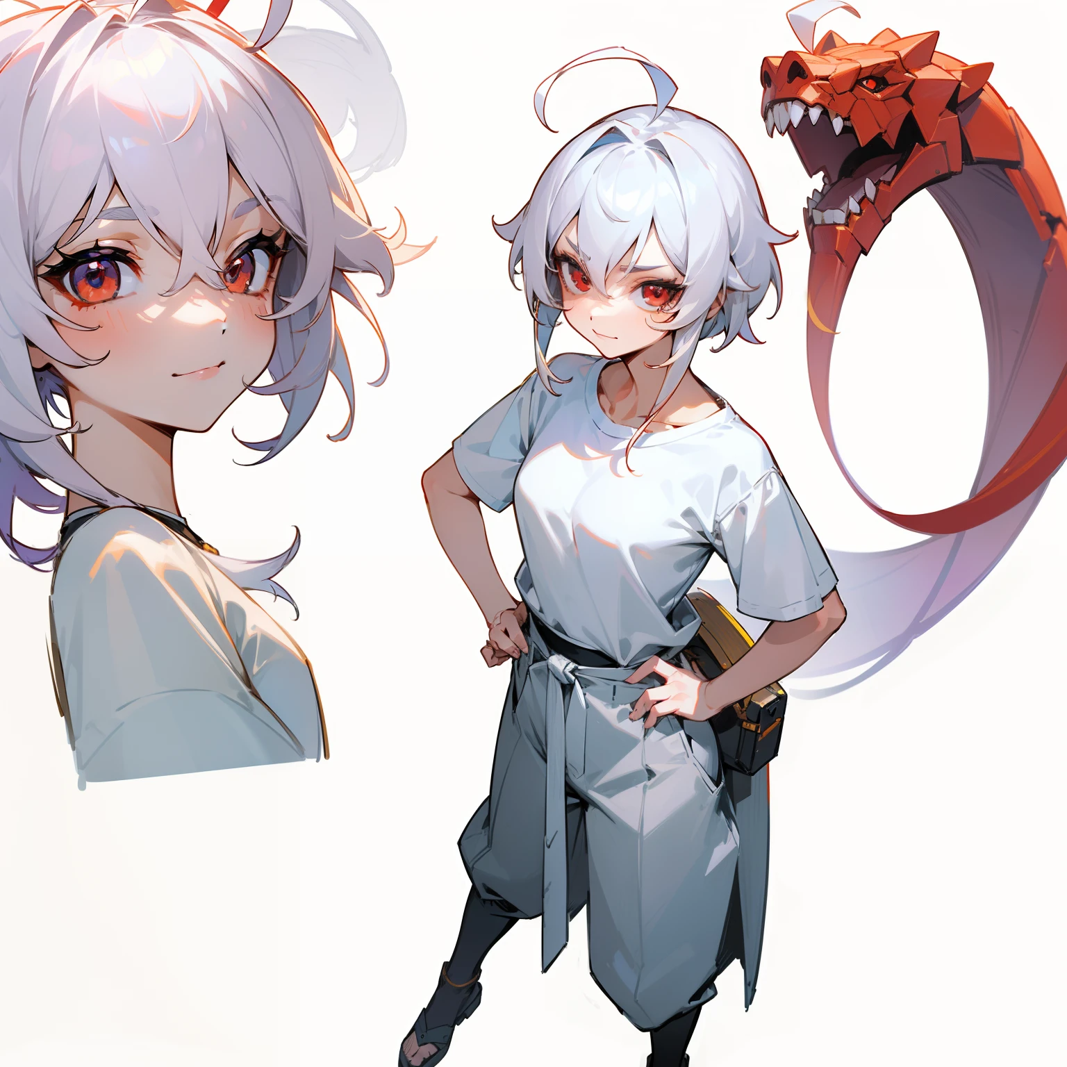 ((masterpiece)), ((high detail)), 1girl,  ((ultra-detailed)),((delicate face)),  Beautiful detailed eyes, gradient hair,hairs between eyes,1girl ,solo,white hair,red eyes,genshin_impact,white background,look at the viewer, standing,A seductive wide smiling face,((aggressive face)),((ahoge)), character design, The front of the character, The back of the character, the sides, there are 4 image panels, hands on hips, full body, Pekaloons trousers, white shoulder-length t-shirt,