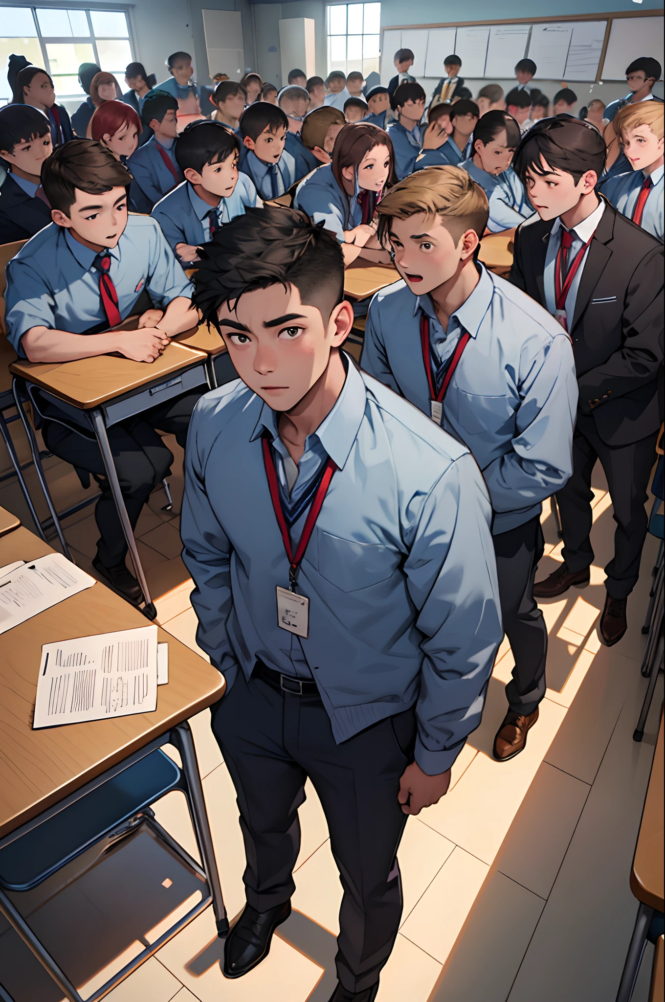 In the classroom，Boy in blue school uniform，Surrounded by a crowd of people，blaming