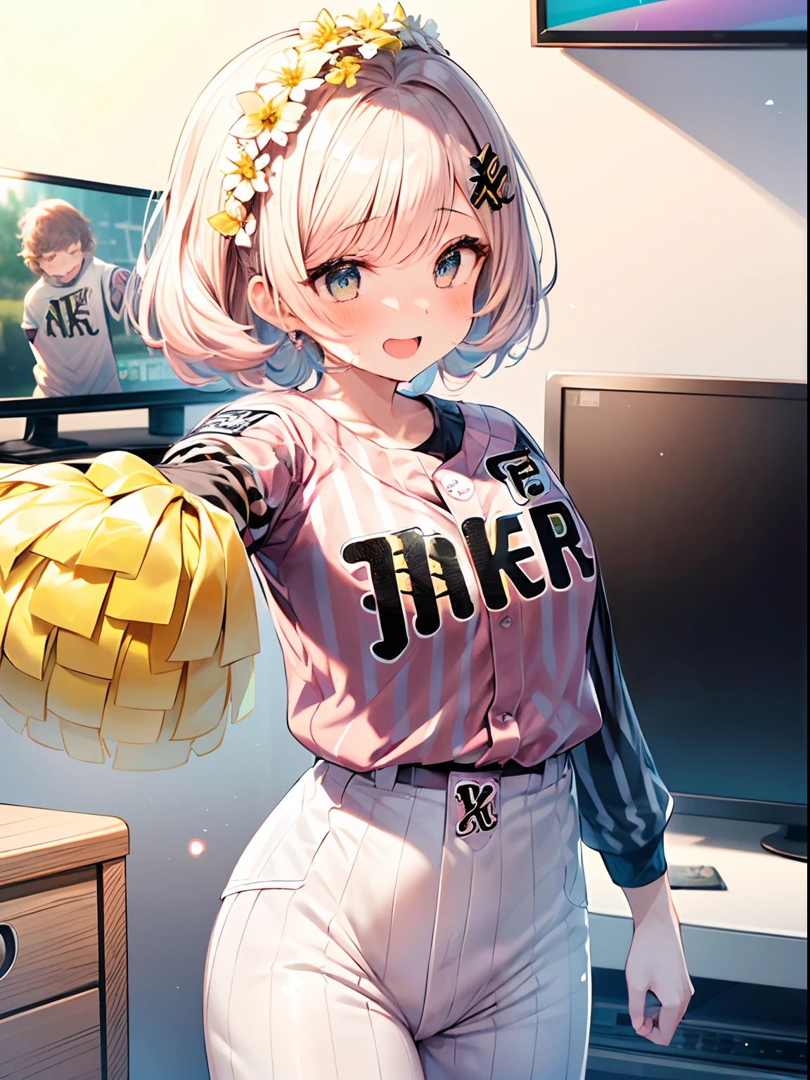 best quality, masterpiece, absurdres, highres, (1girl:1.6), (short shaggy perm hair:1.6), (light pink hair:1.5), (wearing the black vertical striped shirt:1.5), (flower effects:1.2), (cowboy shot:1.4), break (In front of a TV at home,:1.4)
BREAK
(a girl is enthusiastically cheering for the Hanshin Tigers:1.6). Her eyes are fixed on the screen, filled with excitement and tension.
BREAK
The room feels as if it's filled with the heat of the game.