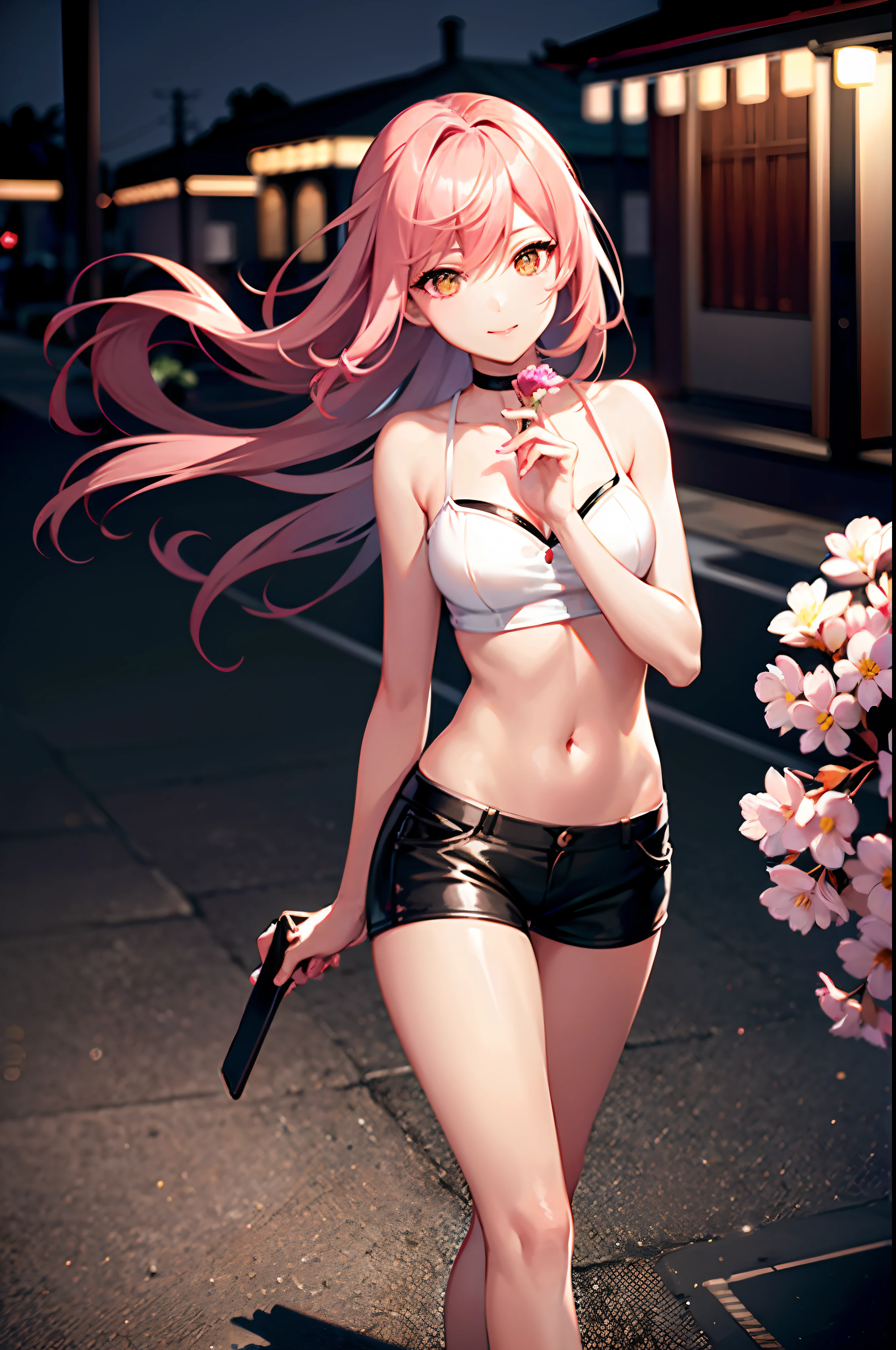 a handsome female, Street at night with lights, Fiddling with a smartphone, Hot Pants, fragrant pink flowers, Passersby, Gradation of the night scene, fine details, Subtle tones, tranquility, floating on the screen.