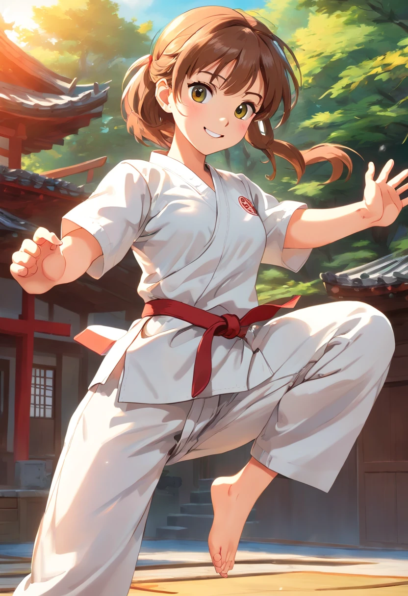 colorful animation stills, Honest portrayal, Whole body(masterpiece:1.3), (8K, hight resolution, a picture, Top image quality: 1.4), (1girl in), ligh brown hair, waved hair, attractive beautiful face, (A smile: 1.15), 13years, Whole body, bare-legged(White Karate Uniform:1.4), Attractive body with soft curvaceous beauty, Bold sexy poses, perfect anatomia, TOKYOcty