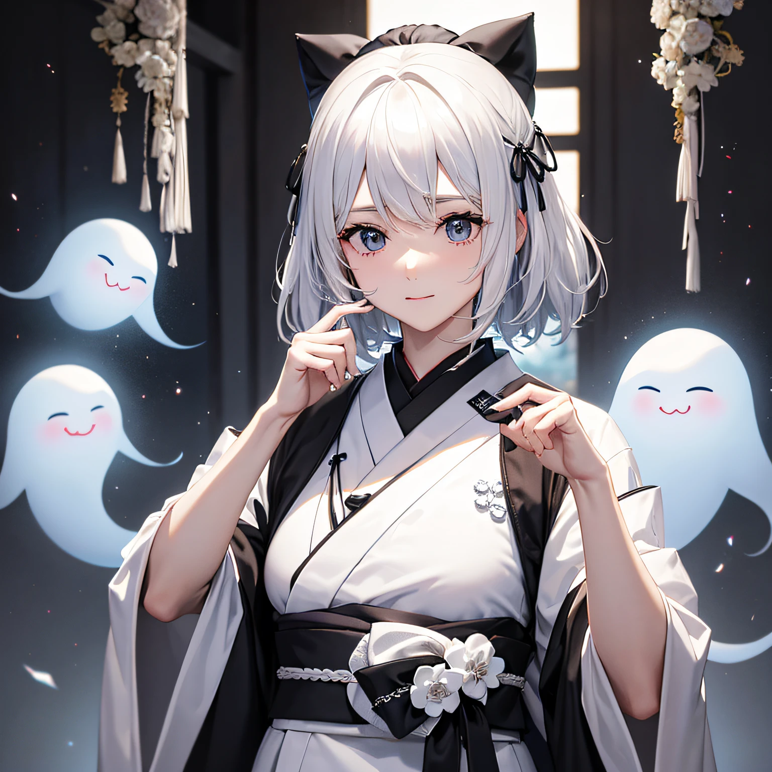 Ghost of the Japan、cabelos preto e longos、White attire