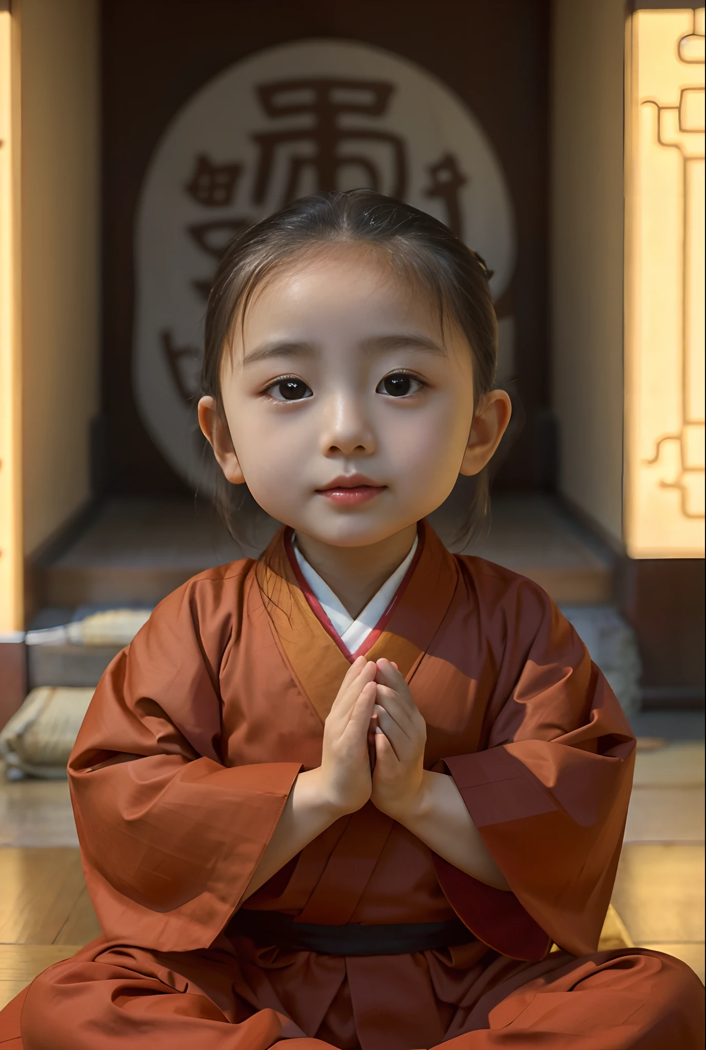 Alafeld Asian girl sitting on the floor in kimono, portrait of a japanese girl, Young Asian girl, close up portrait shot, close - up portrait shot, Chinese girl, peaceful expression, buddhist monk, wearing brown robes, Korean girl, Asian girl, close up portrait shot, Buddhist, centered portrait, portrait shooting, in a temple, Close portrait, monk clothes