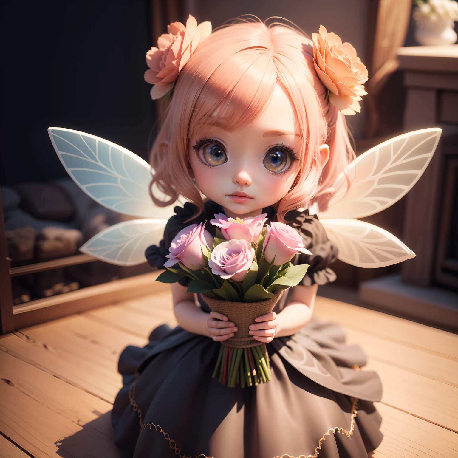 Cute Baby Chibi Anime,(((chibi3d))) (best quality) (masterprice)、(Chibi Fairy:1.3)Super gorgeous, colorful, wrapped: 1.7 and ribboned: 1.7 bouquet offering fairy larger: 1.7 than your face, 32K, masterpiece:1.4, super resolution, super detail, super photographic style, illustration, super detailed depiction of bouquet、Large-flowered Casablan Carie