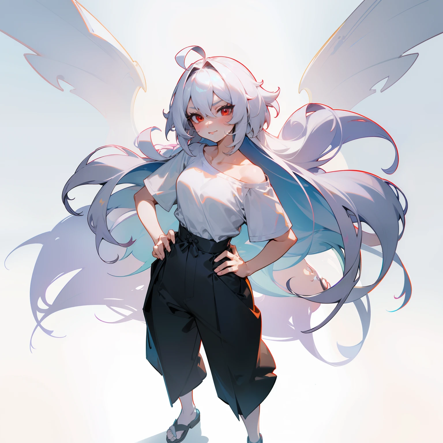 ((masterpiece)), ((high detail)), 1girl, ((ultra-detailed)),((delicate face)), Beautiful detailed eyes, gradient hair,hairs between eyes,1girl ,solo,white hair,red eyes,genshin_impact,white background,look at the viewer, standing,A seductive wide smiling face,((aggressive face)),((ahoge)), character design, The front of the character, The back of the character, the sides, there are 4 image panels, hands on hips, full body, Pekaloons trousers, white shoulder-length t-shirt,